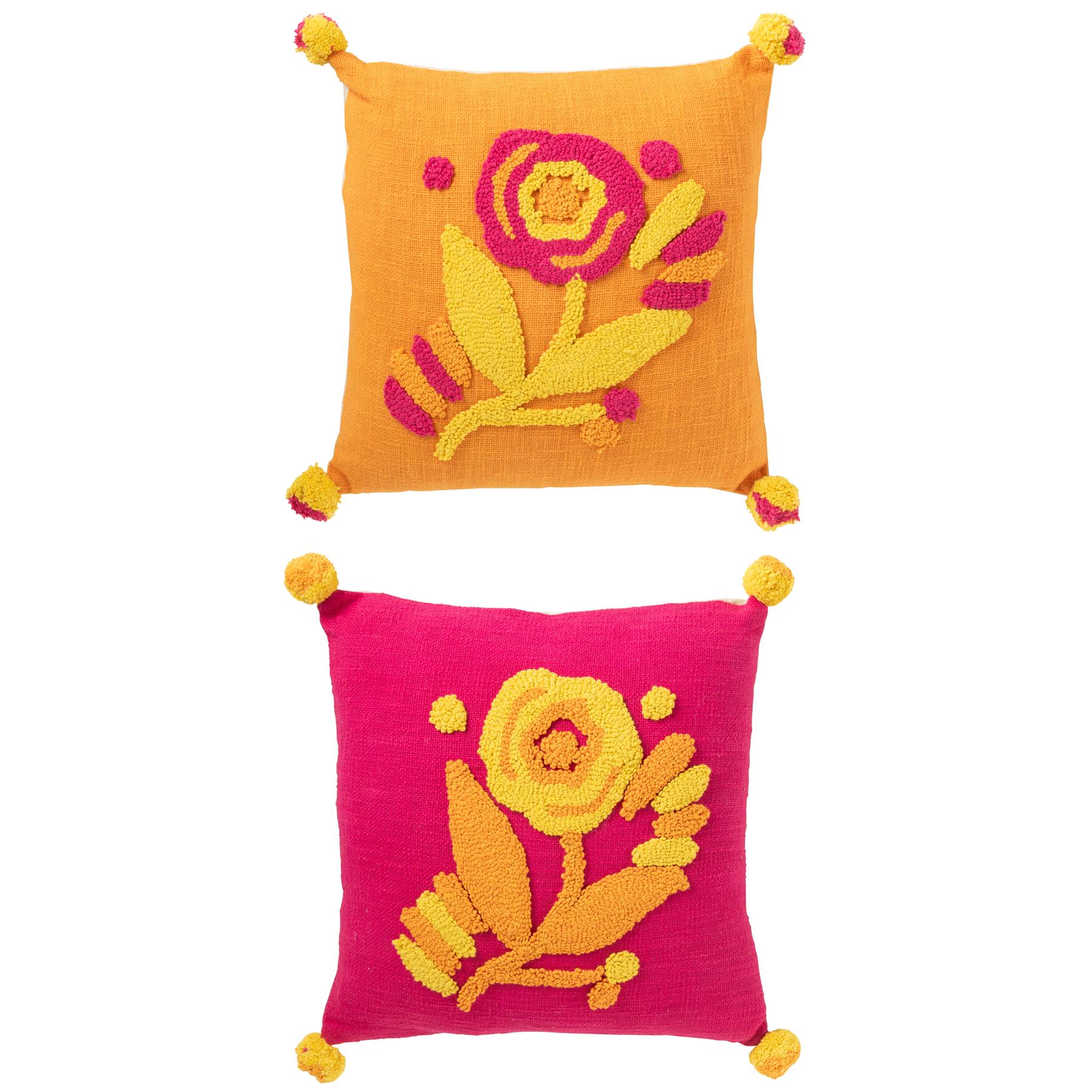 J-Line Kussen Vierkant Borduurwerk Bloem+Pompons Katoen Mix Assorti