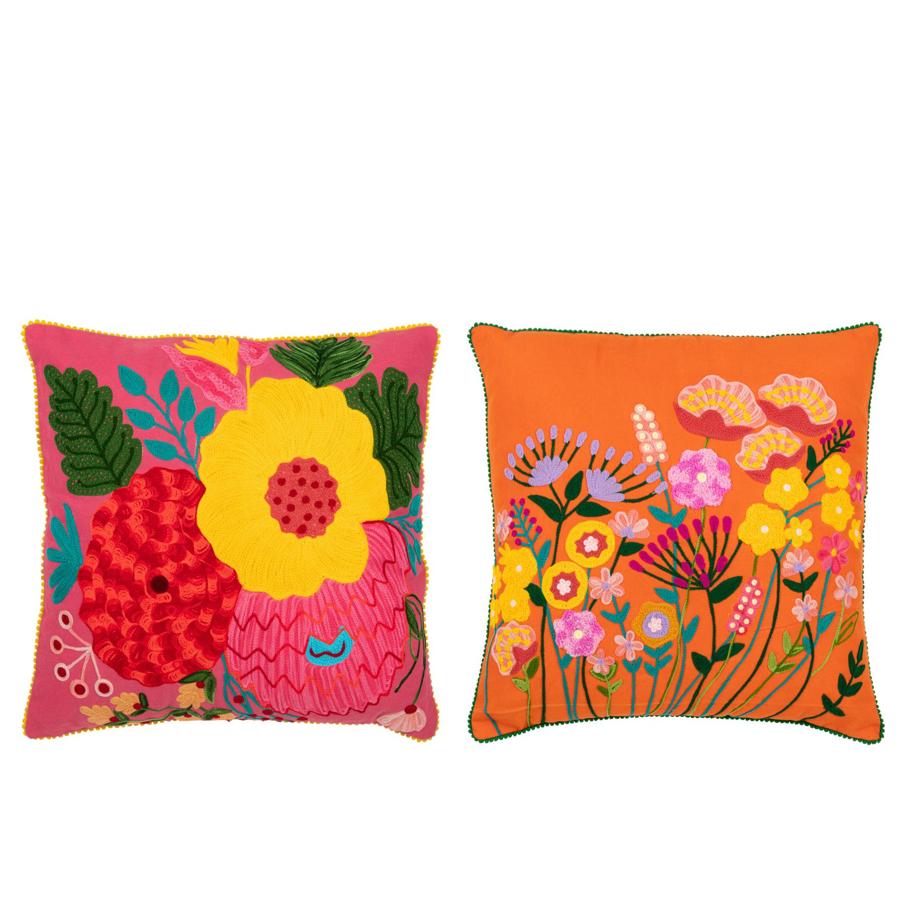 J-Line kussen Bloemen Geborduurd - katoen - oranje|roze - 2 stuks