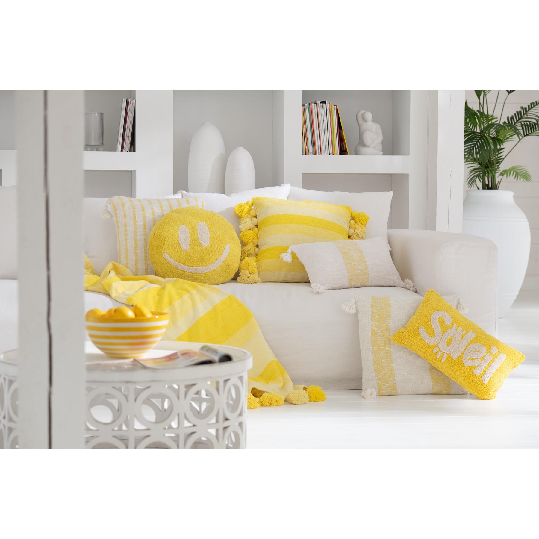 J-Line kussen Smiley Getuft - katoen - geel|wit