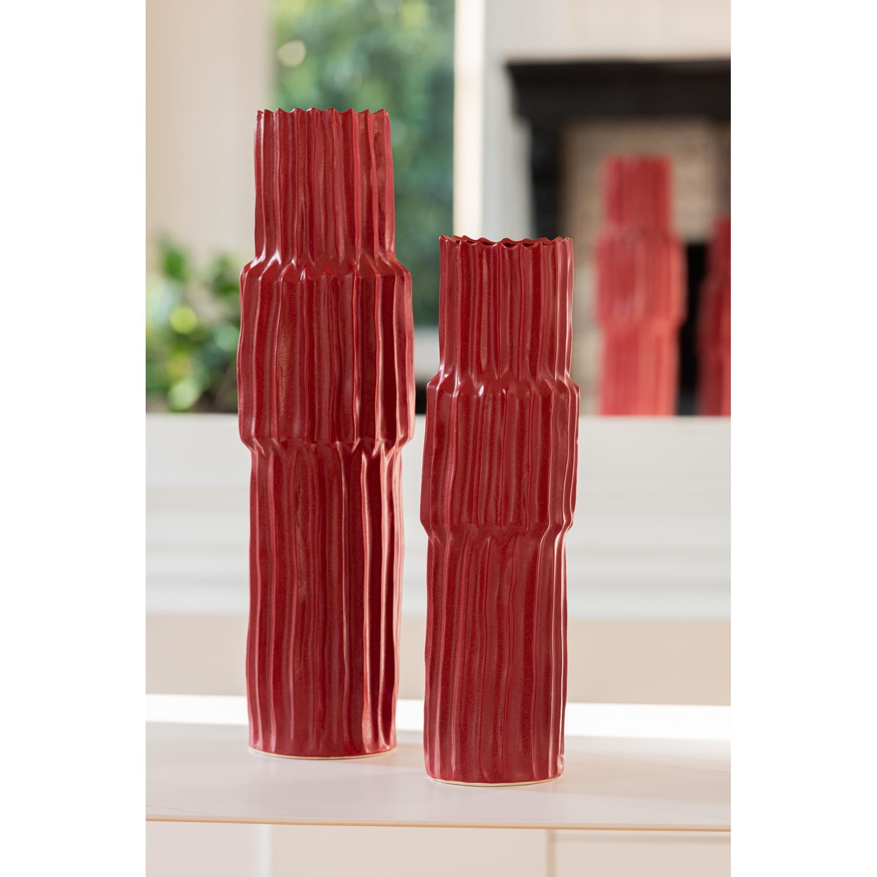 J-Line vaas Gegolfd - porselein - rood - small - 60 cm hoog