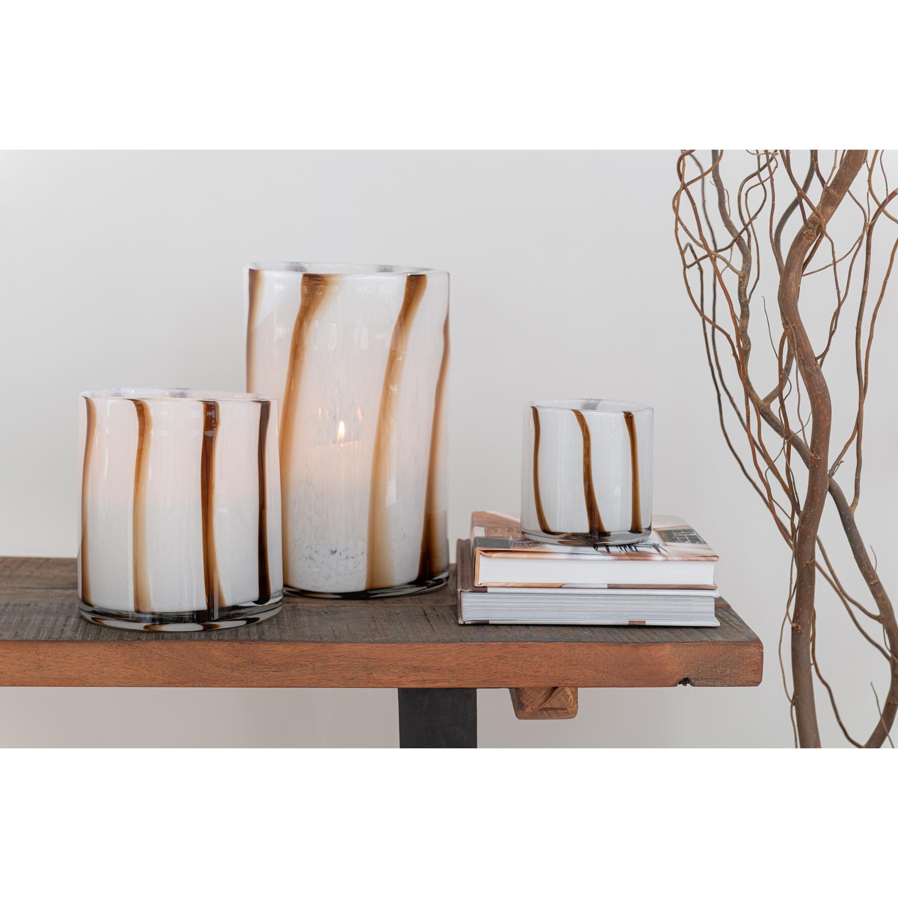 J-Line windlicht Strepen Safari - glas - wit|bruin - medium