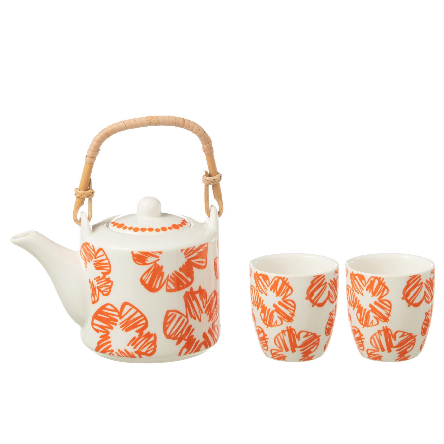 J-Line theepot Bloemen - keramiek - oranje - doos van 3 stuks