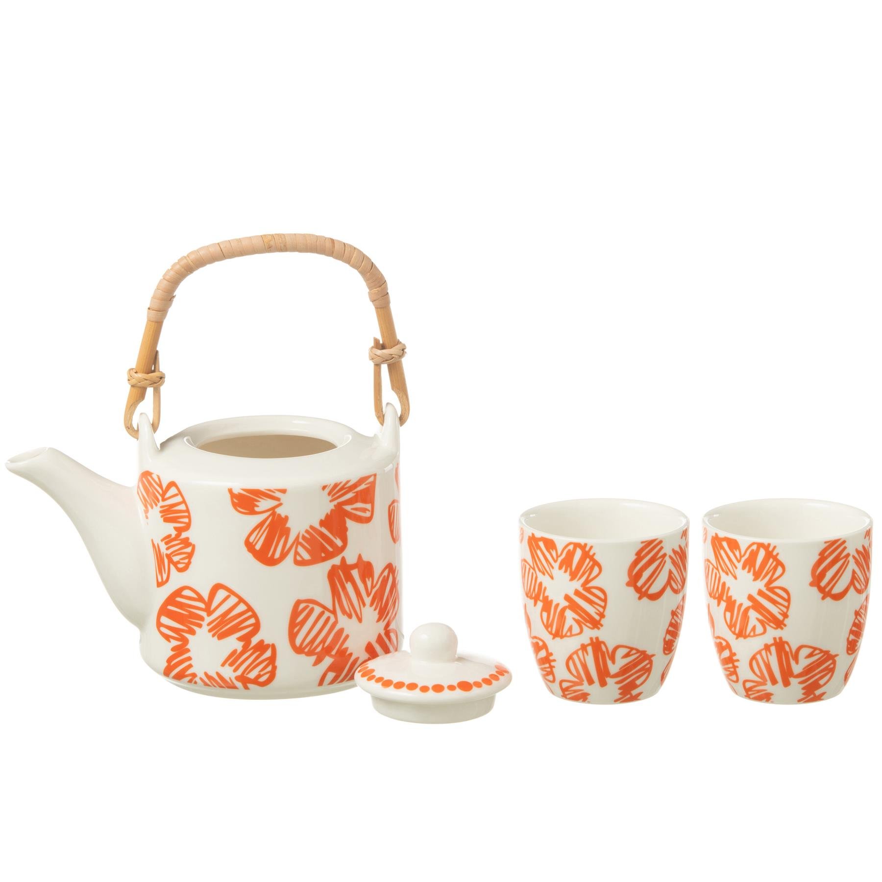 J-Line theepot Bloemen - keramiek - oranje - doos van 3 stuks