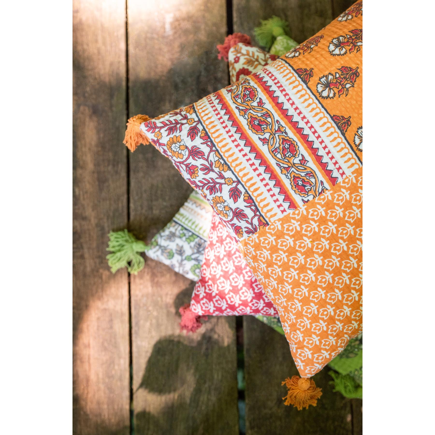 J-Line kussen Bloemen + Kwastjes - katoen - oranje