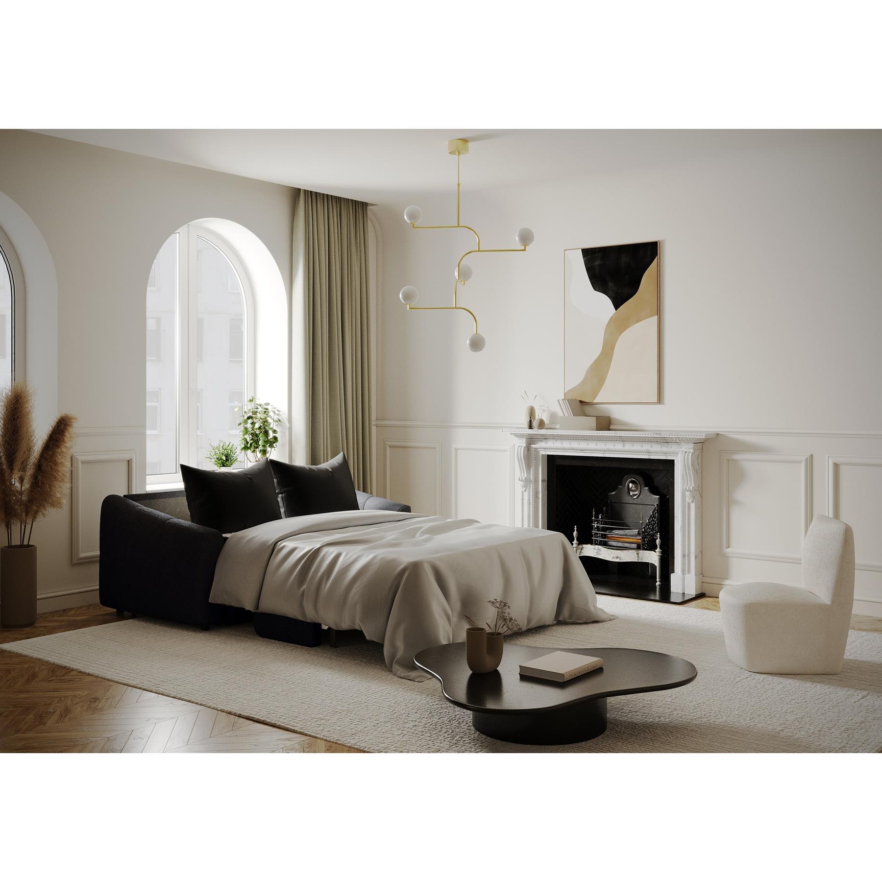 Express slaapbank met matras van zwarte bouclette stof 160cm