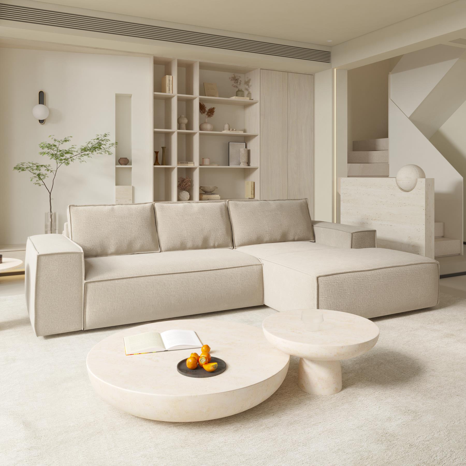 Slaapbank rechte hoek dunlopillo fluweelmotief crème 140cm