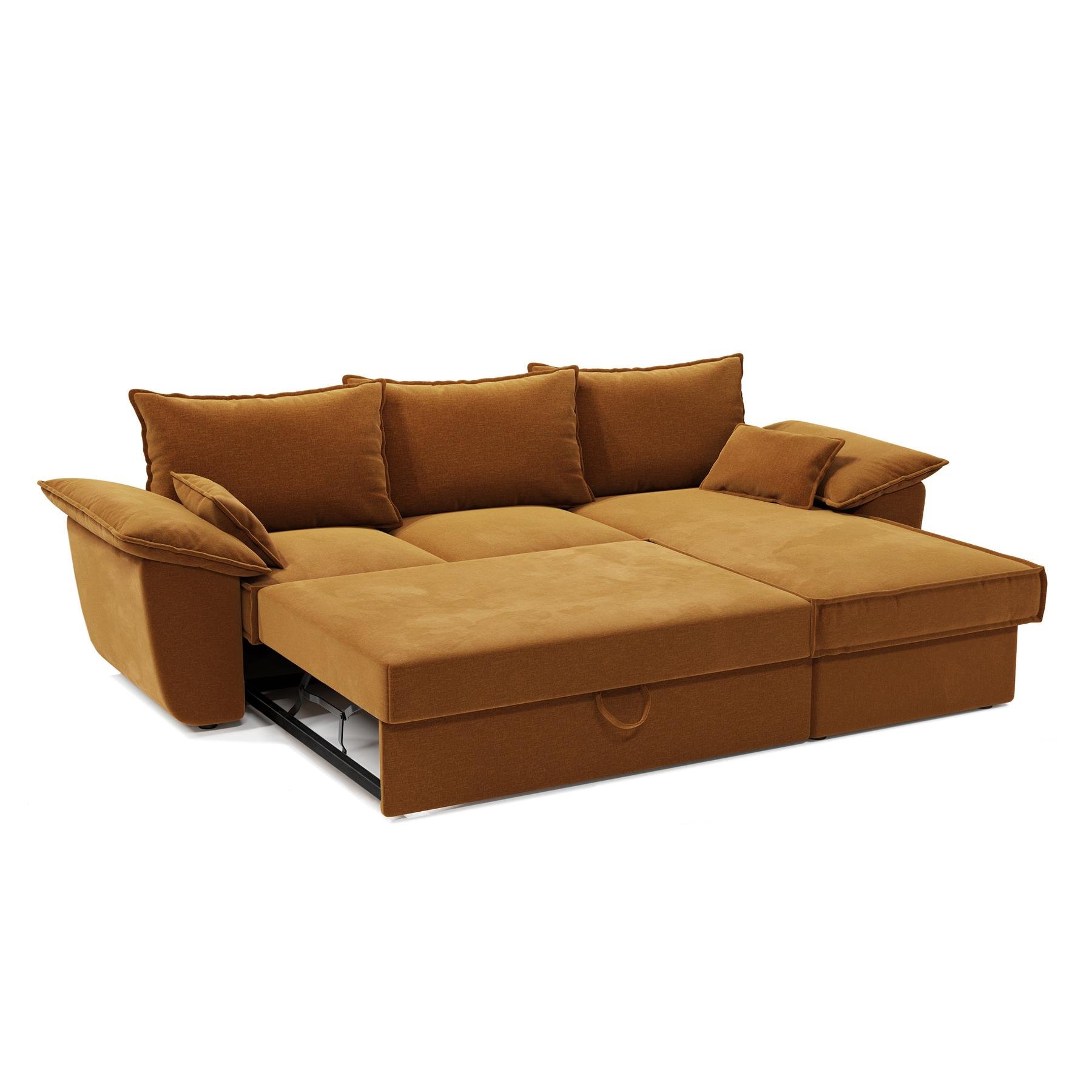 Rechte hoekbank met mosterd fluwelen ombouwbare commode 257cm