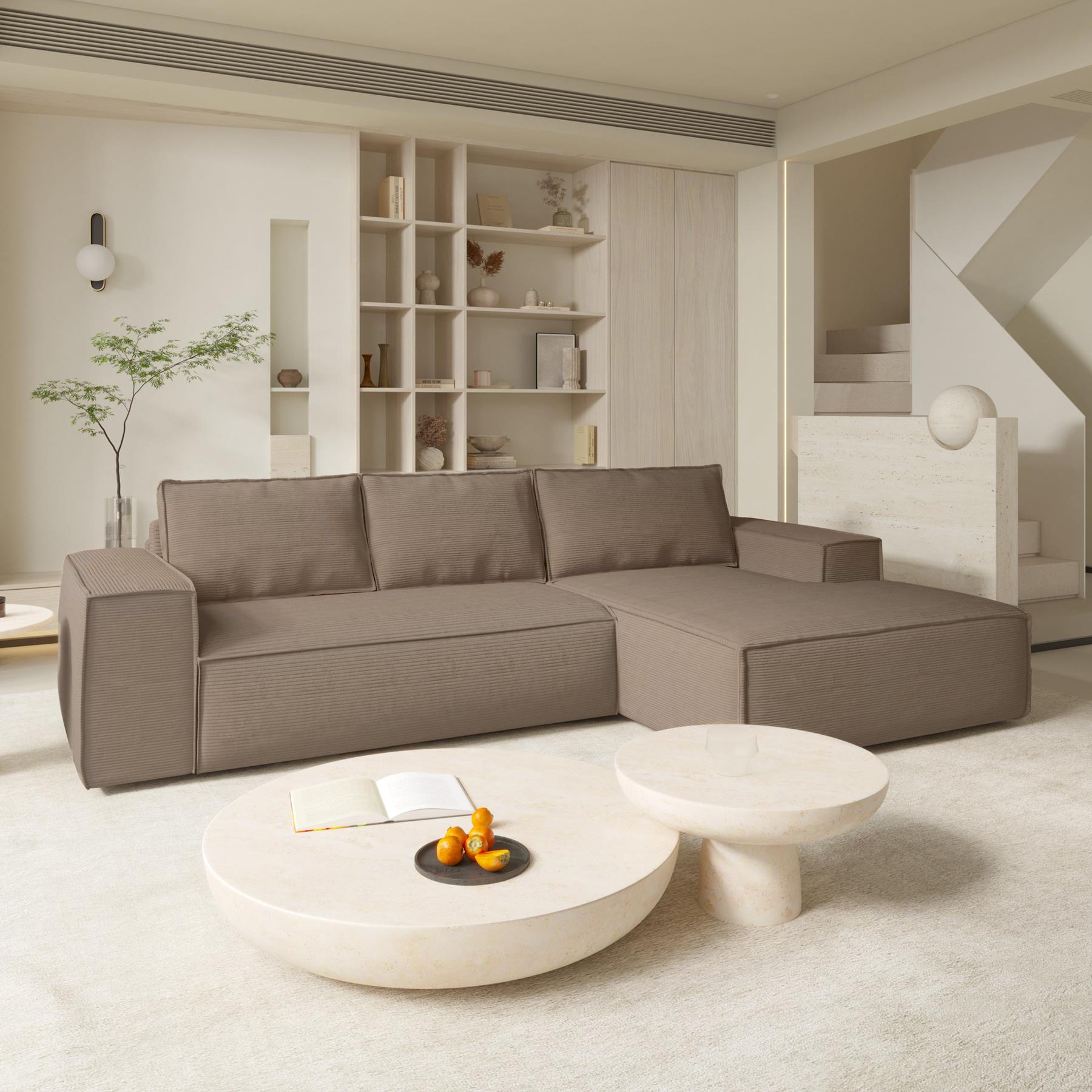 Slaapbank rechte hoek dunlopillo corduroy taupe 140cm