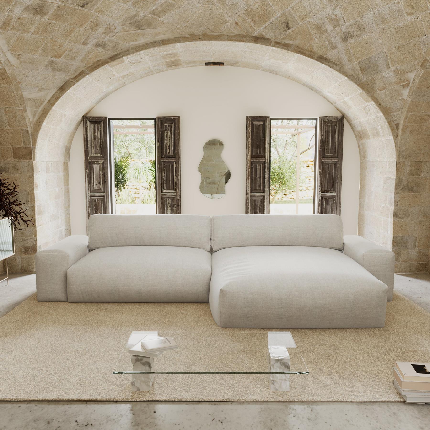 4-zits rechthoekige sofa in zacht beige geweven stof 310cm