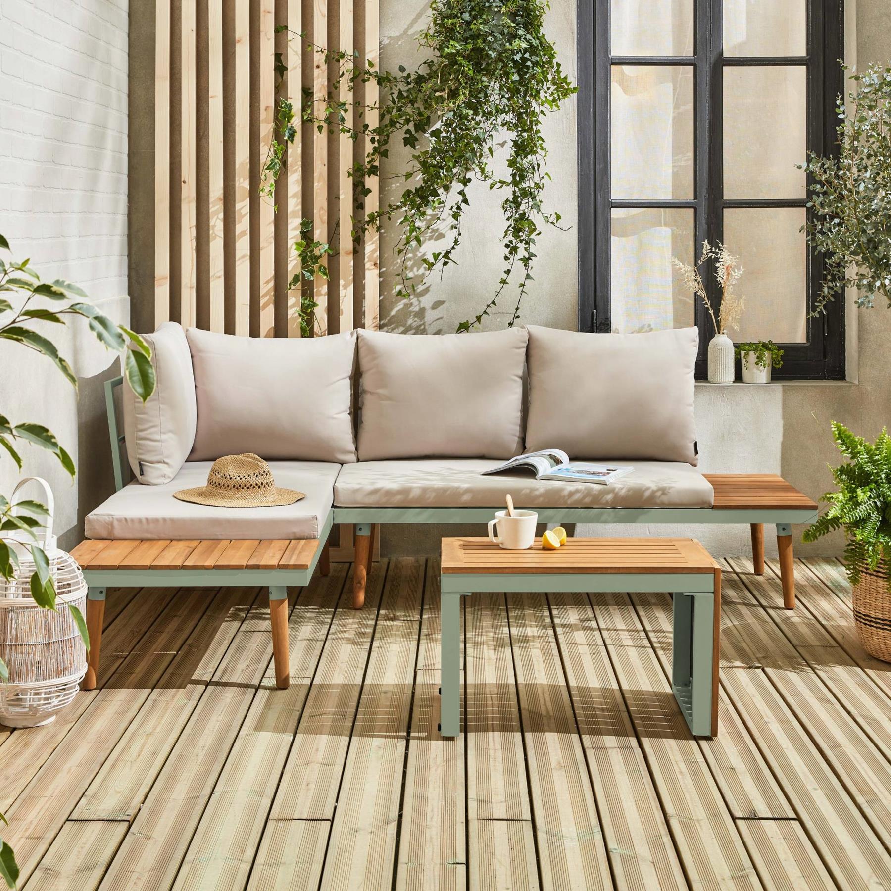 sweeek - Modulaire tuinset in aluminium en acacia, 4 zitplaatsen