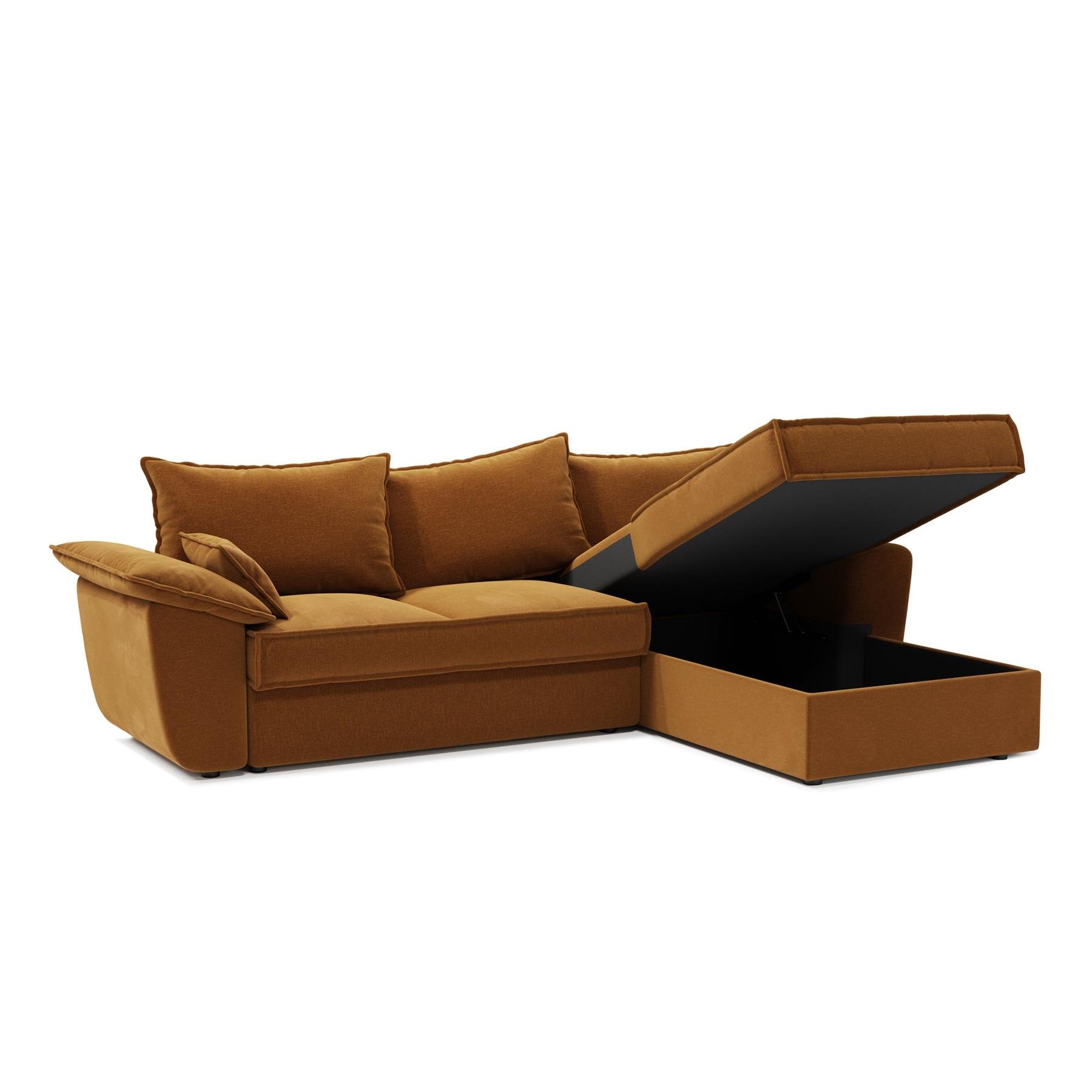 Rechte hoekbank met mosterd fluwelen ombouwbare commode 257cm