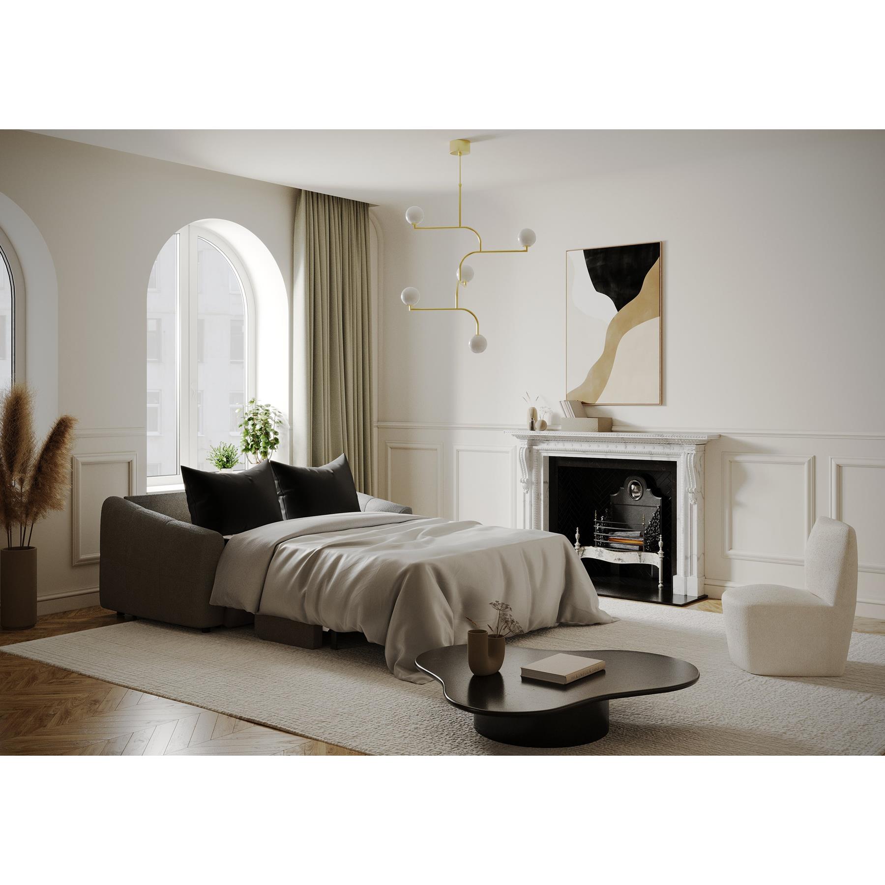 Express slaapbank 140cm met matras van bouclette stof in grafietgrijs