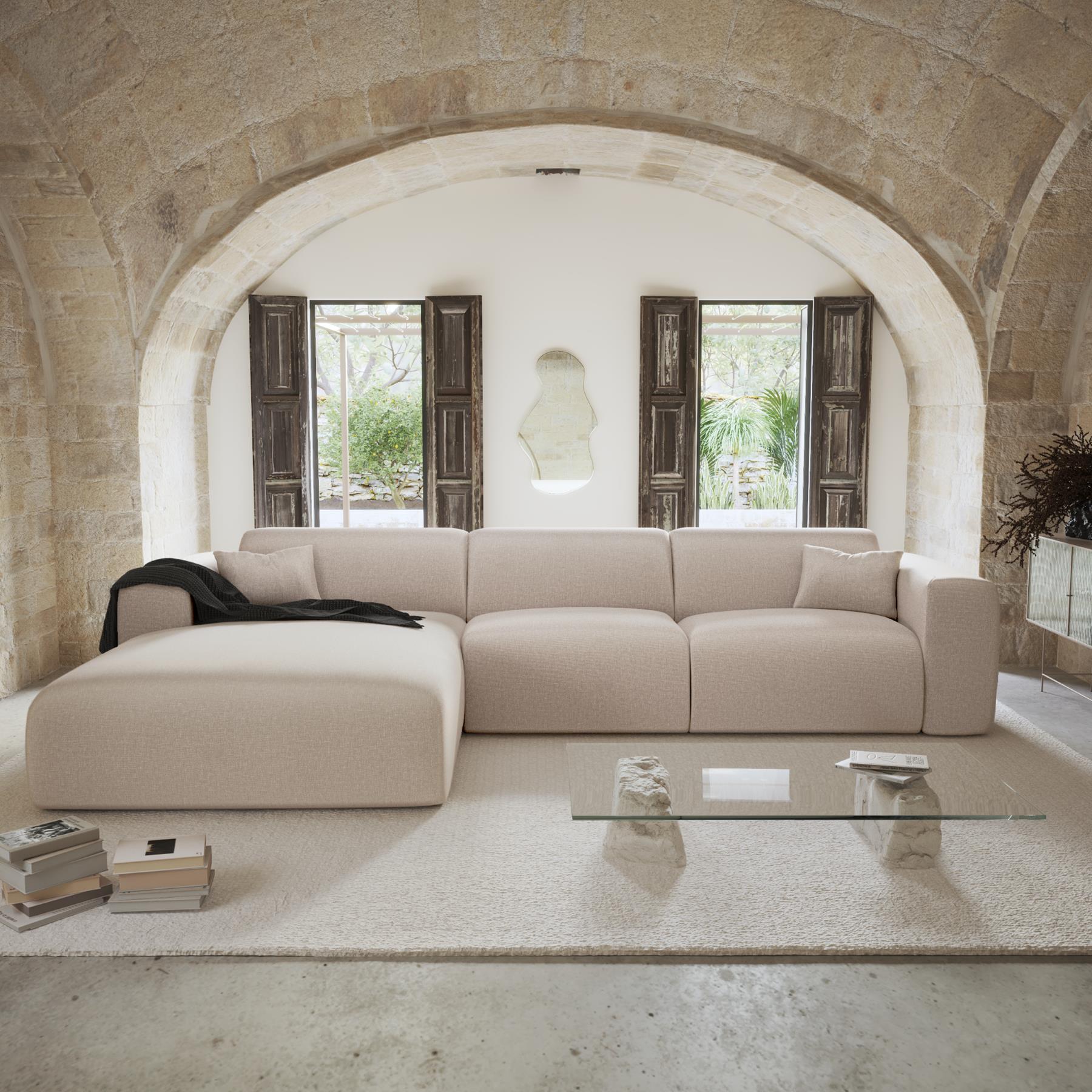 Linker hoekbank dunlopillo 5 zits beige geweven stof