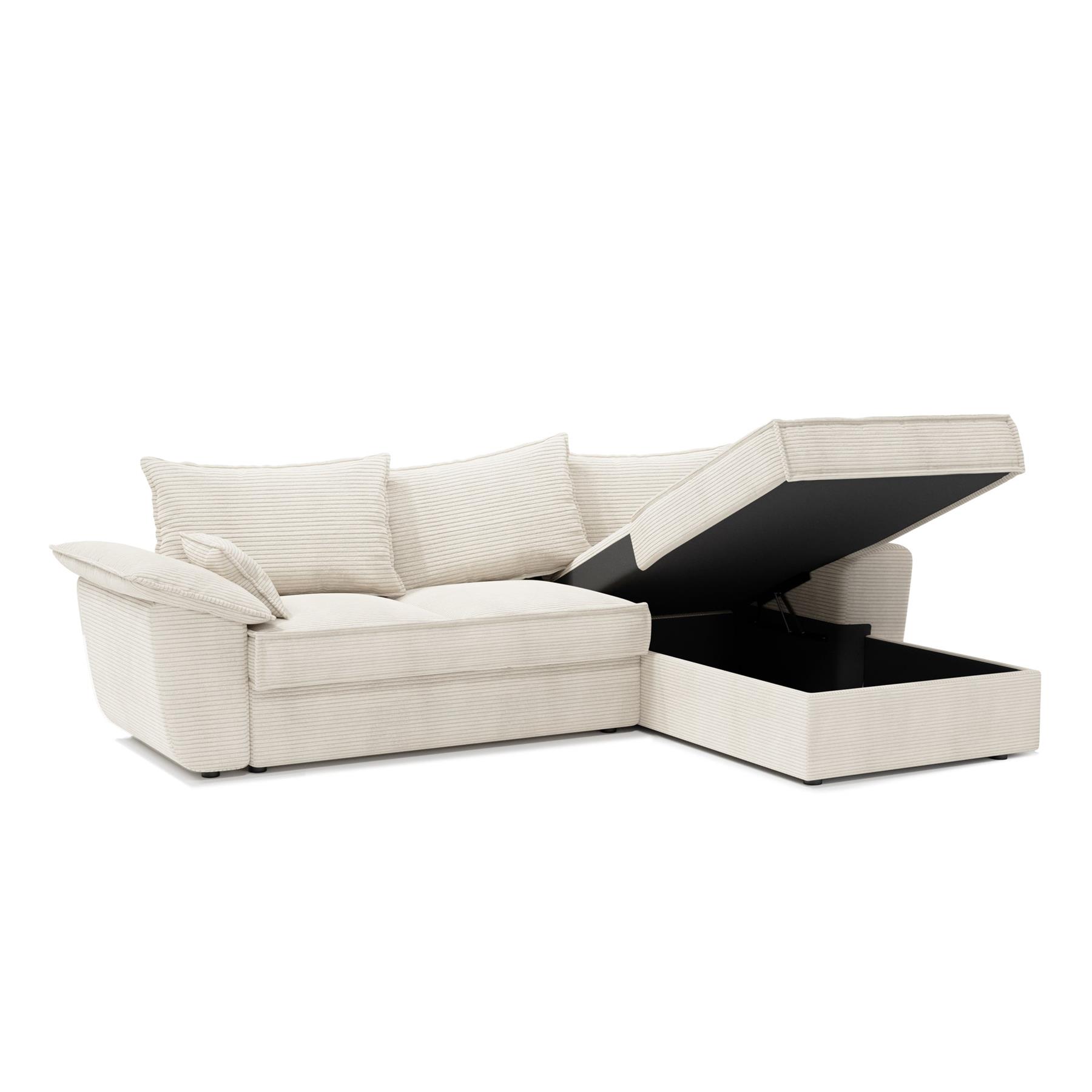 Rechte hoekbank met ombouwbare commode in crèmekleurig ribfluweel 257cm