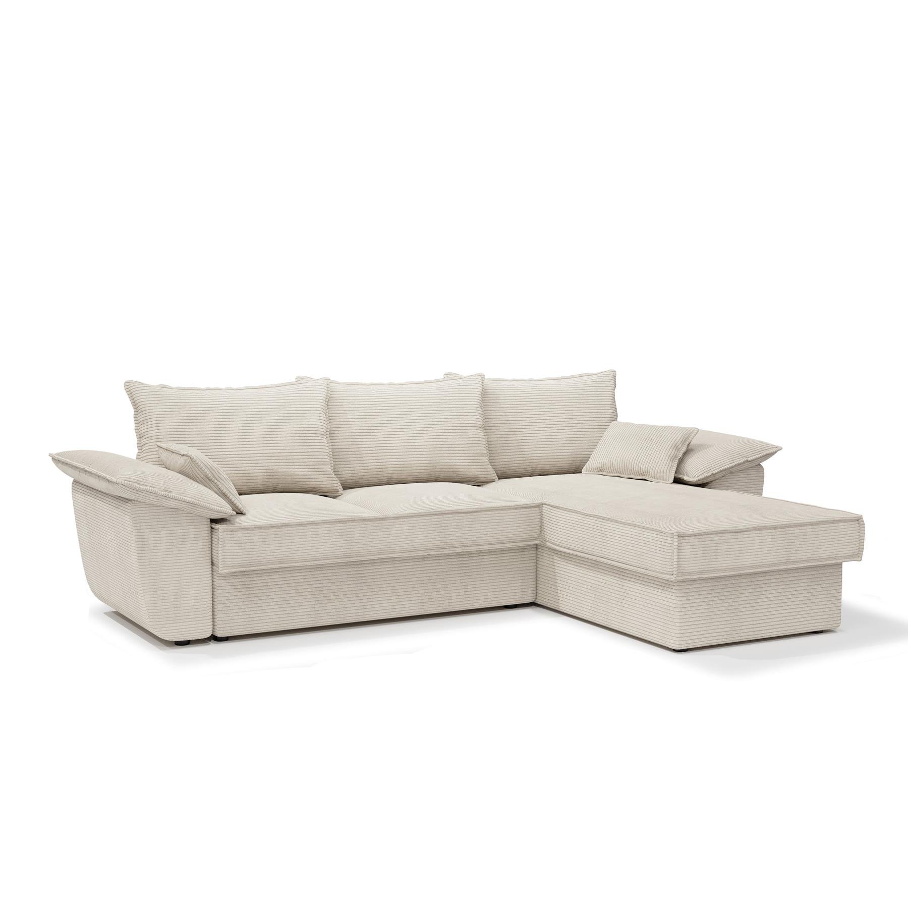 Rechte hoekbank met ombouwbare commode in crèmekleurig ribfluweel 257cm