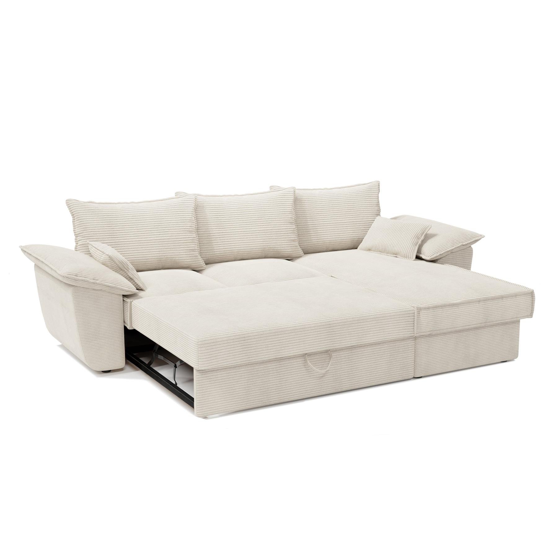 Rechte hoekbank met ombouwbare commode in crèmekleurig ribfluweel 257cm
