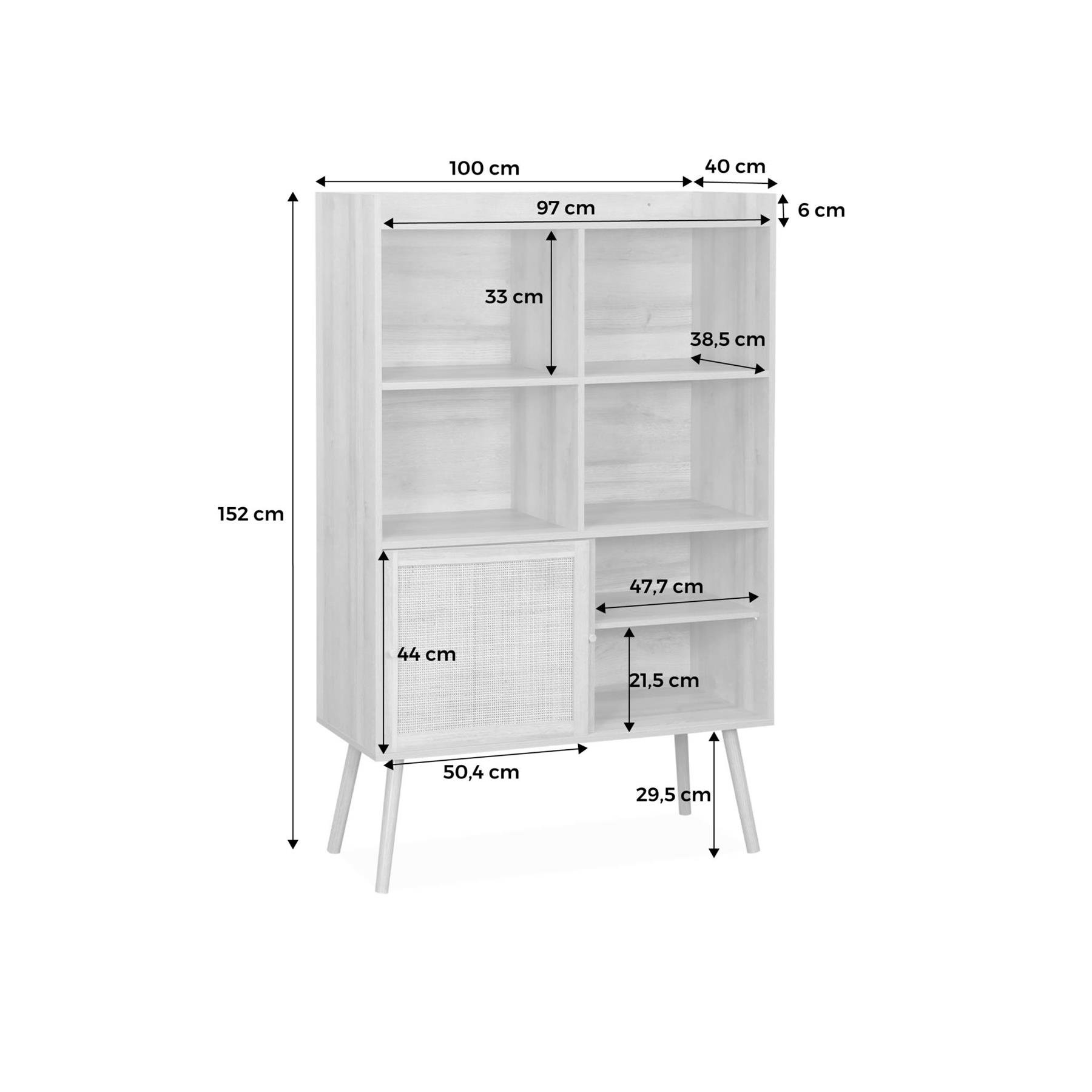 sweeek - Boekenkast 5 planken, schuifdeuren, effect hout en rotan