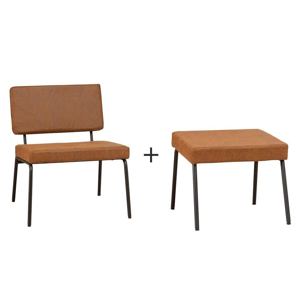Bronx71 Industriële fauteuil met hocker Espen cognac eco-leer