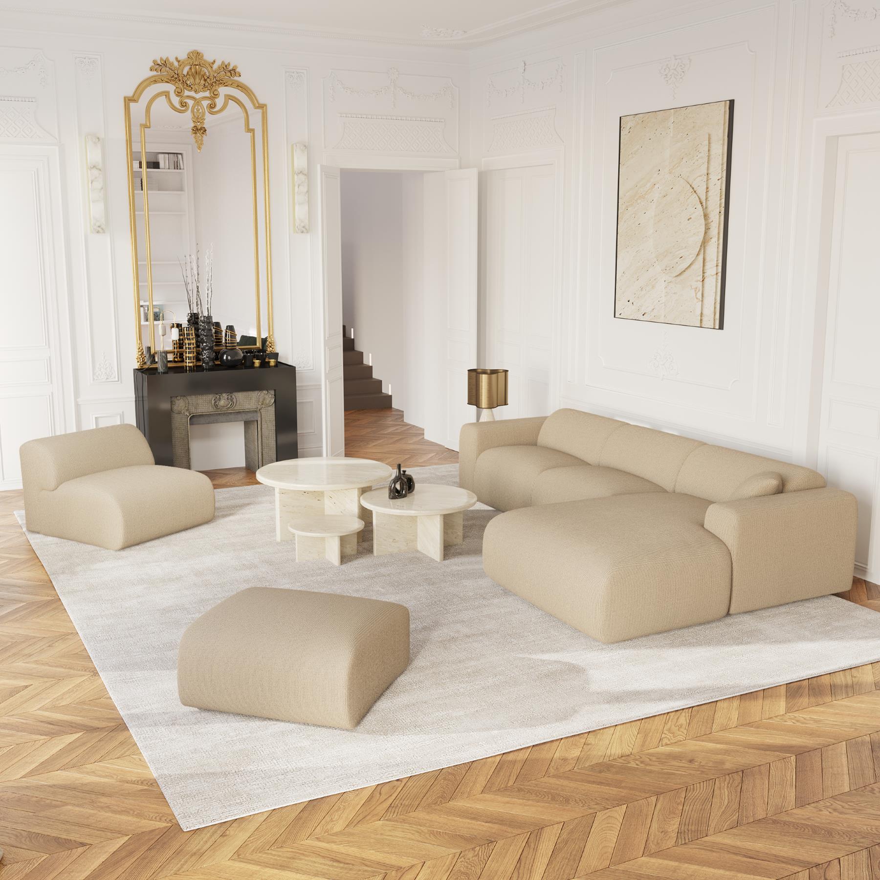 Beige ribfluwelen brede hoekbank rechts 280cm