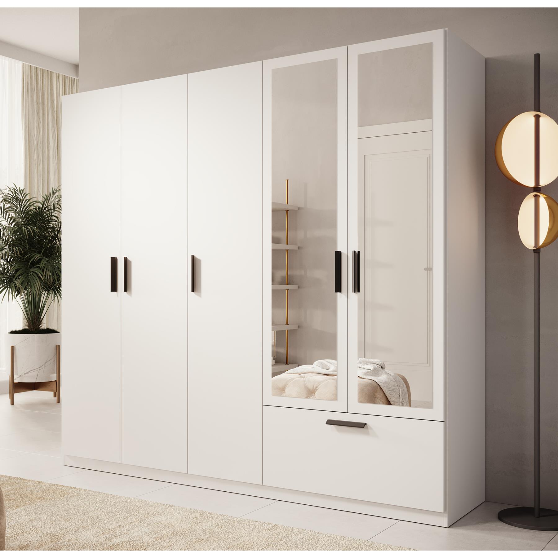Meubella Kledingkast Lillian - Wit - 225 cm - Met spiegel