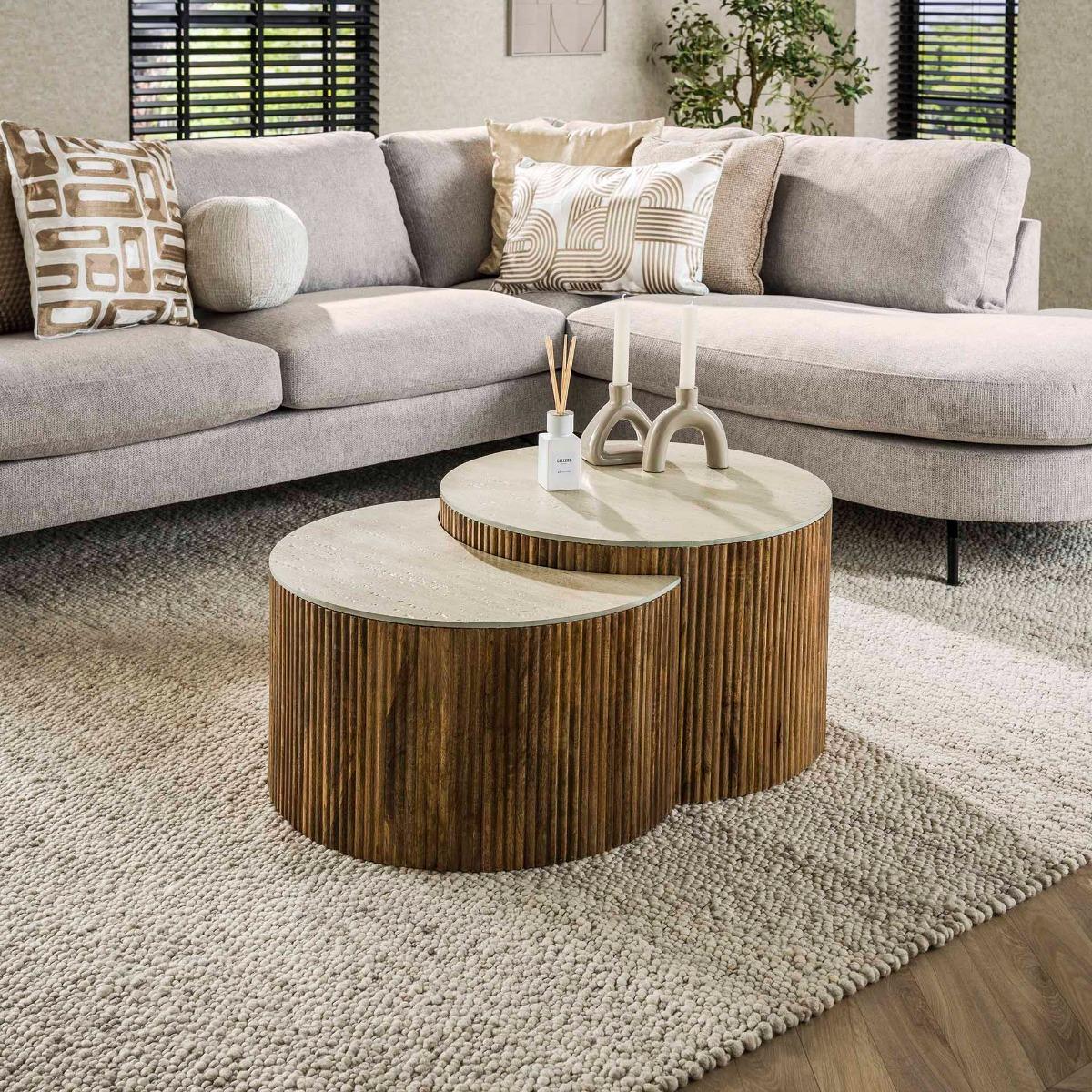 Giga Meubel - Salontafel Halfrond Travertin|Hout - Set Van 2 - Nuovo