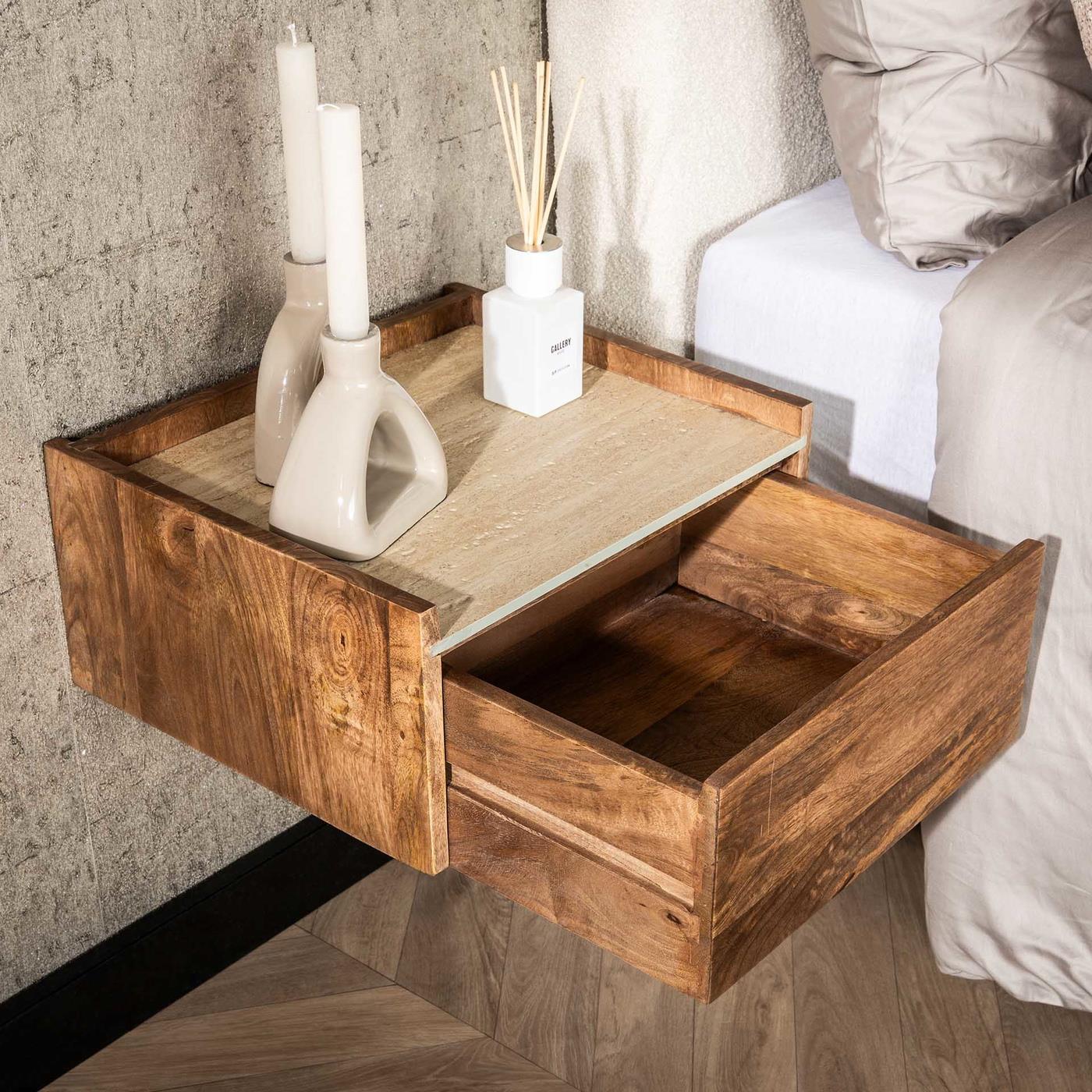 Giga Meubel - Nachtkastje Zwevend Travertin|Hout - 40x35x19cm - Nuovo