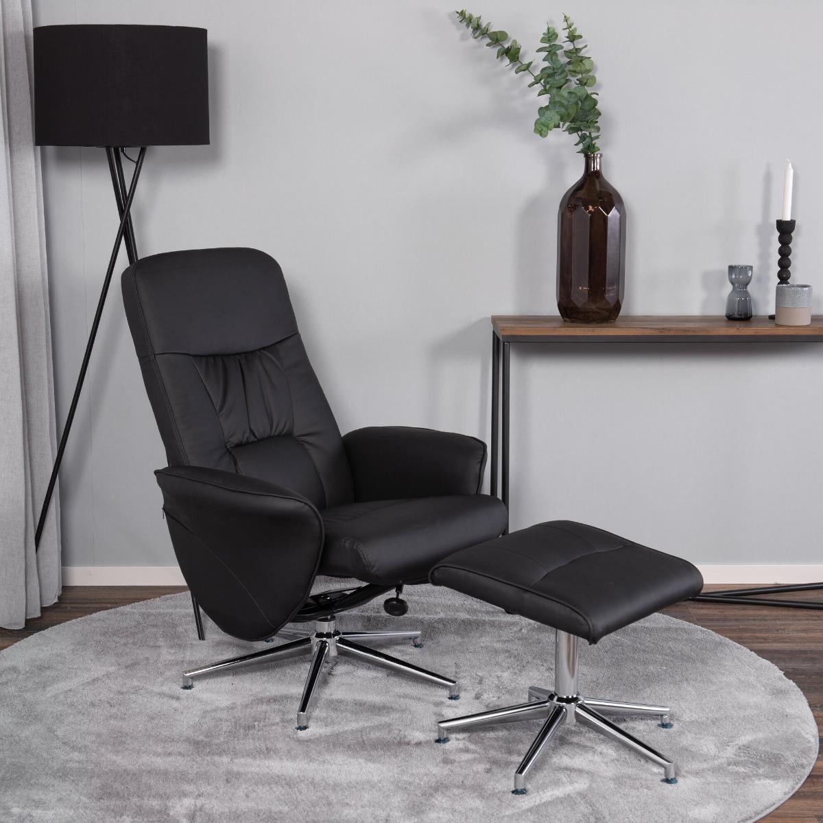 Fjôrd - Relax Fauteuil Zwart Met Ottoman - Pu leer - Rolf