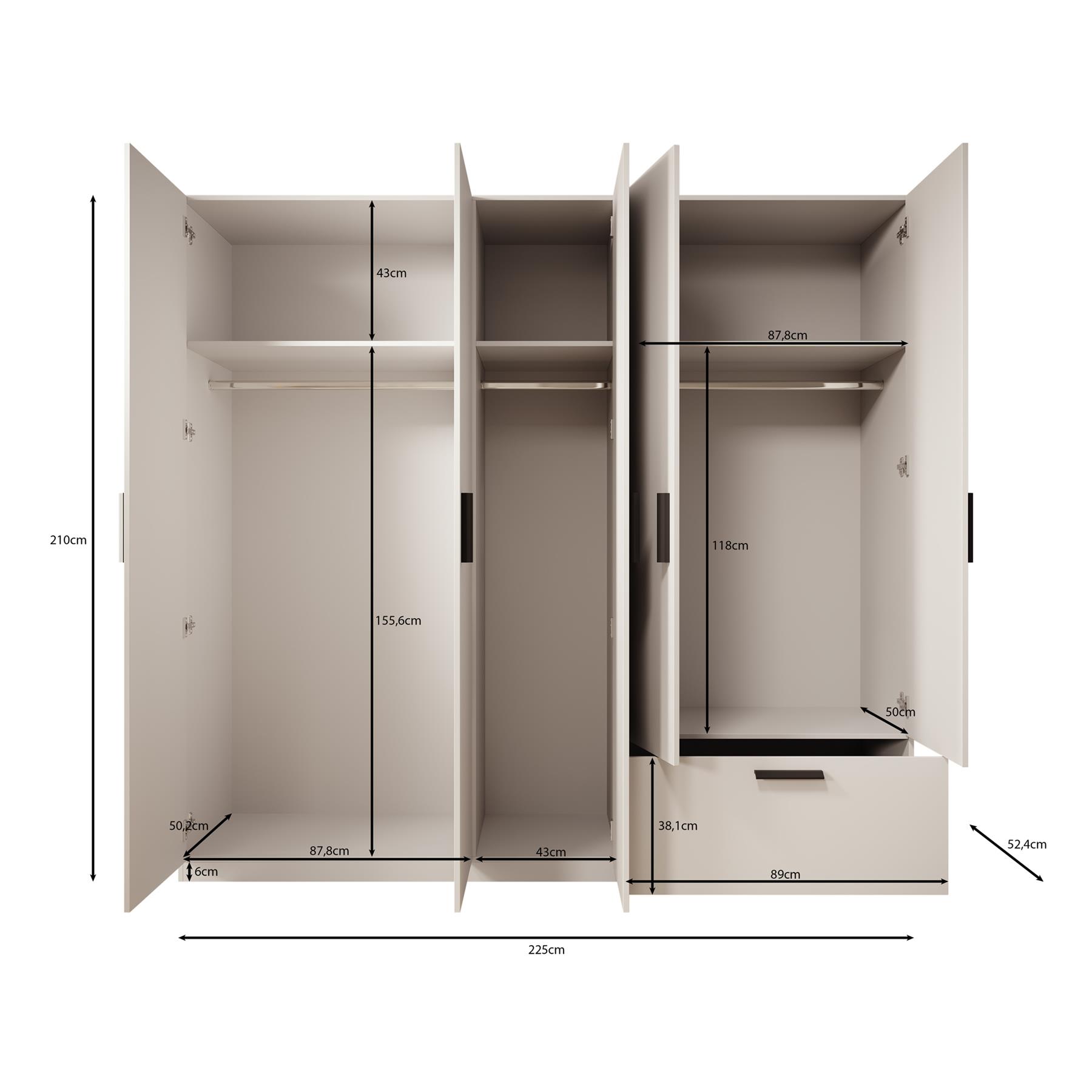 Meubella Kledingkast Lillian - Wit - 225 cm - Met spiegel