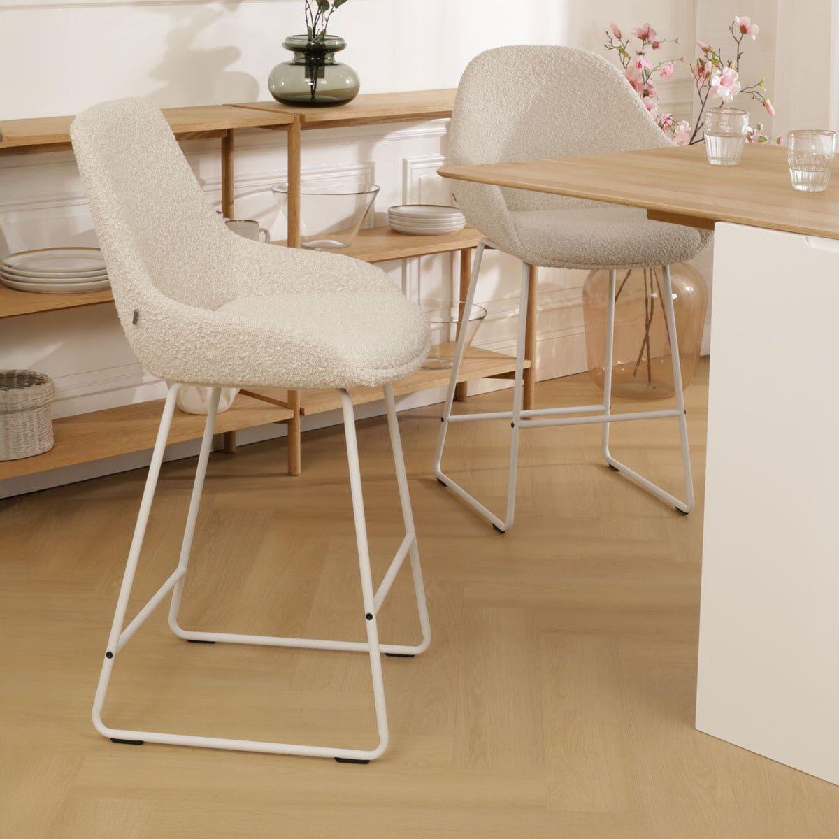 Nolon Nino-Isa Barkruk Bouclé Beige - Stof - Wit Onderstel - 75 cm
