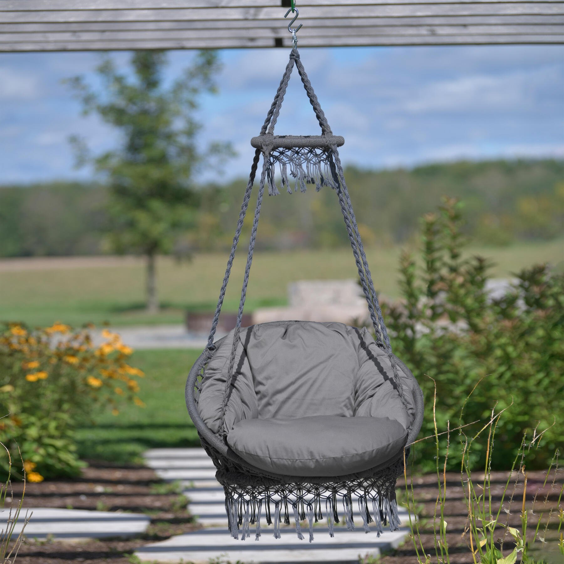 Vivere Polyester Macrame Deluxe Stoel met Franje - Dauw Grijs