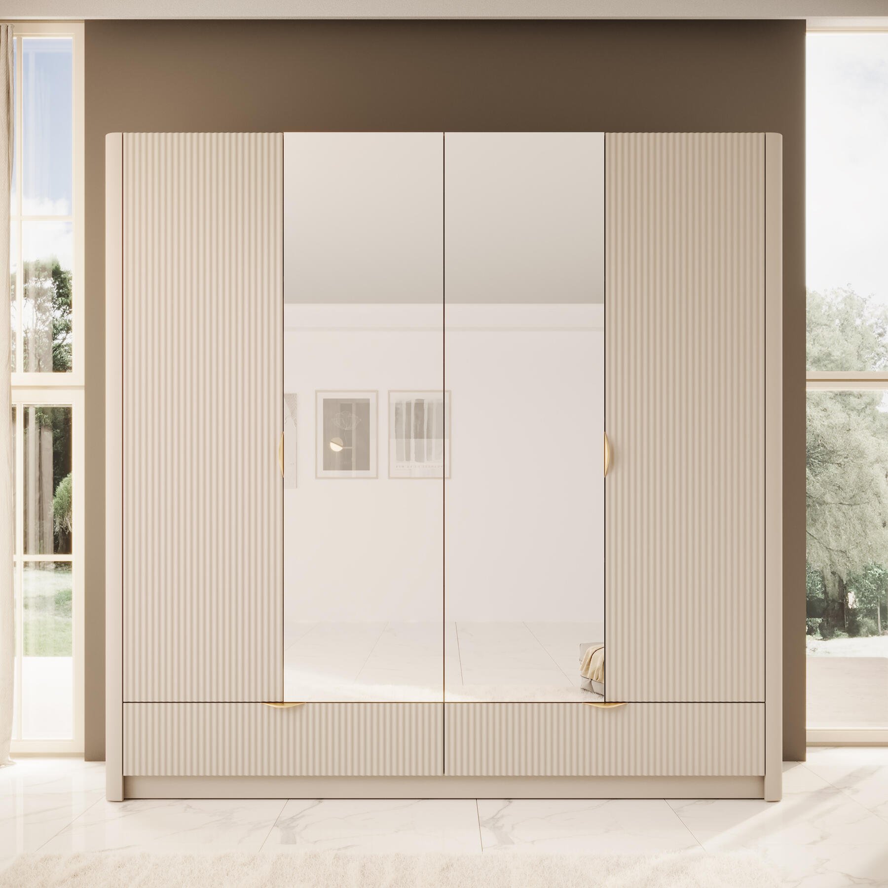 Meubella Kledingkast Lima - Beige - 213 cm - Met spiegel