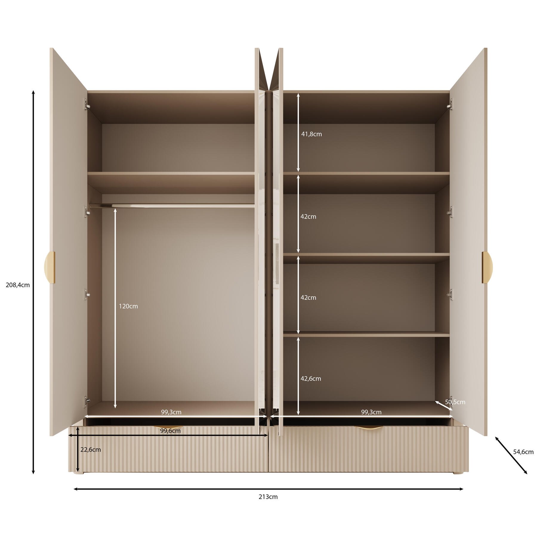 Meubella Kledingkast Lima - Beige - 213 cm - Met spiegel