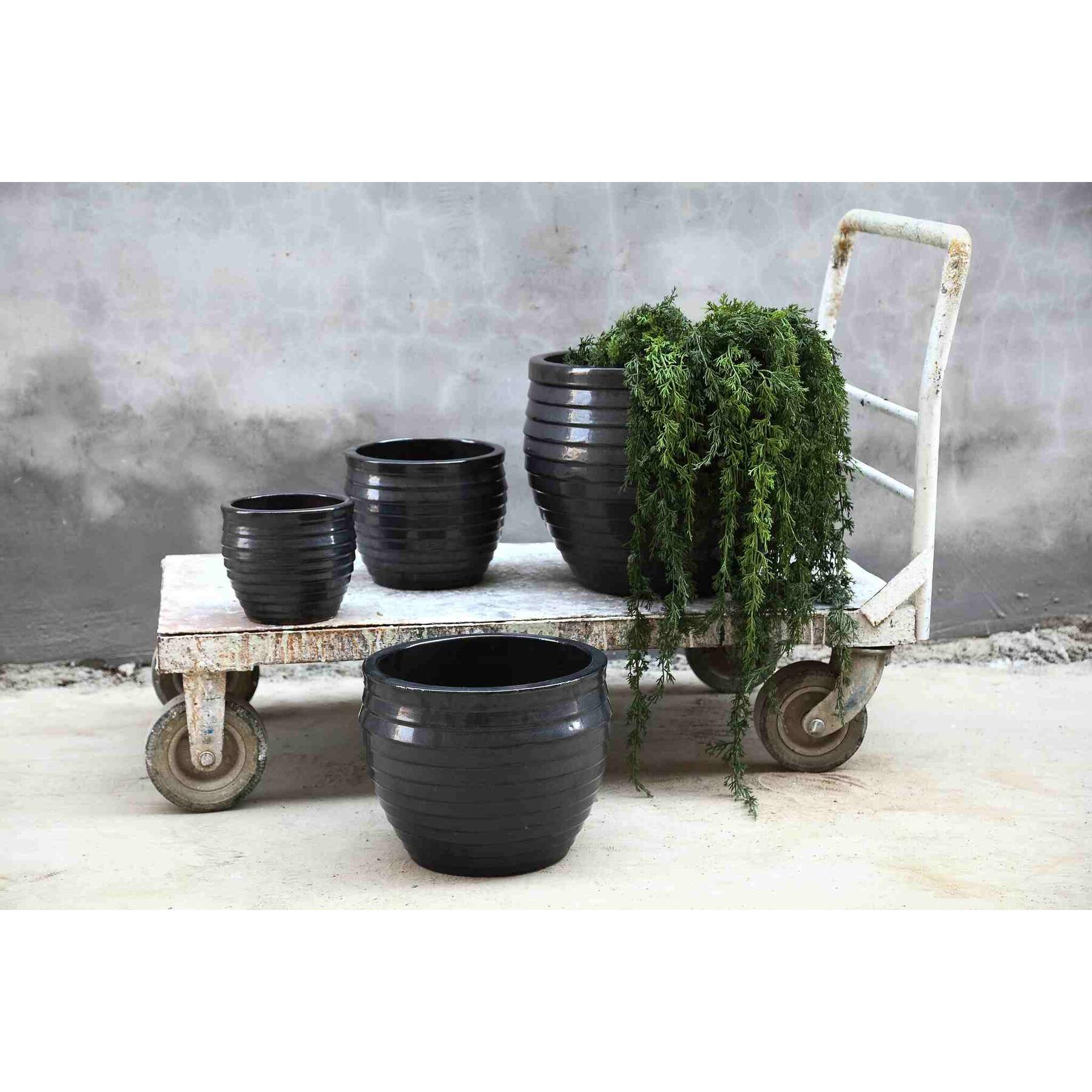 PTMD Triston Black Ceramic Glazed Pot Ribbed Low SV4