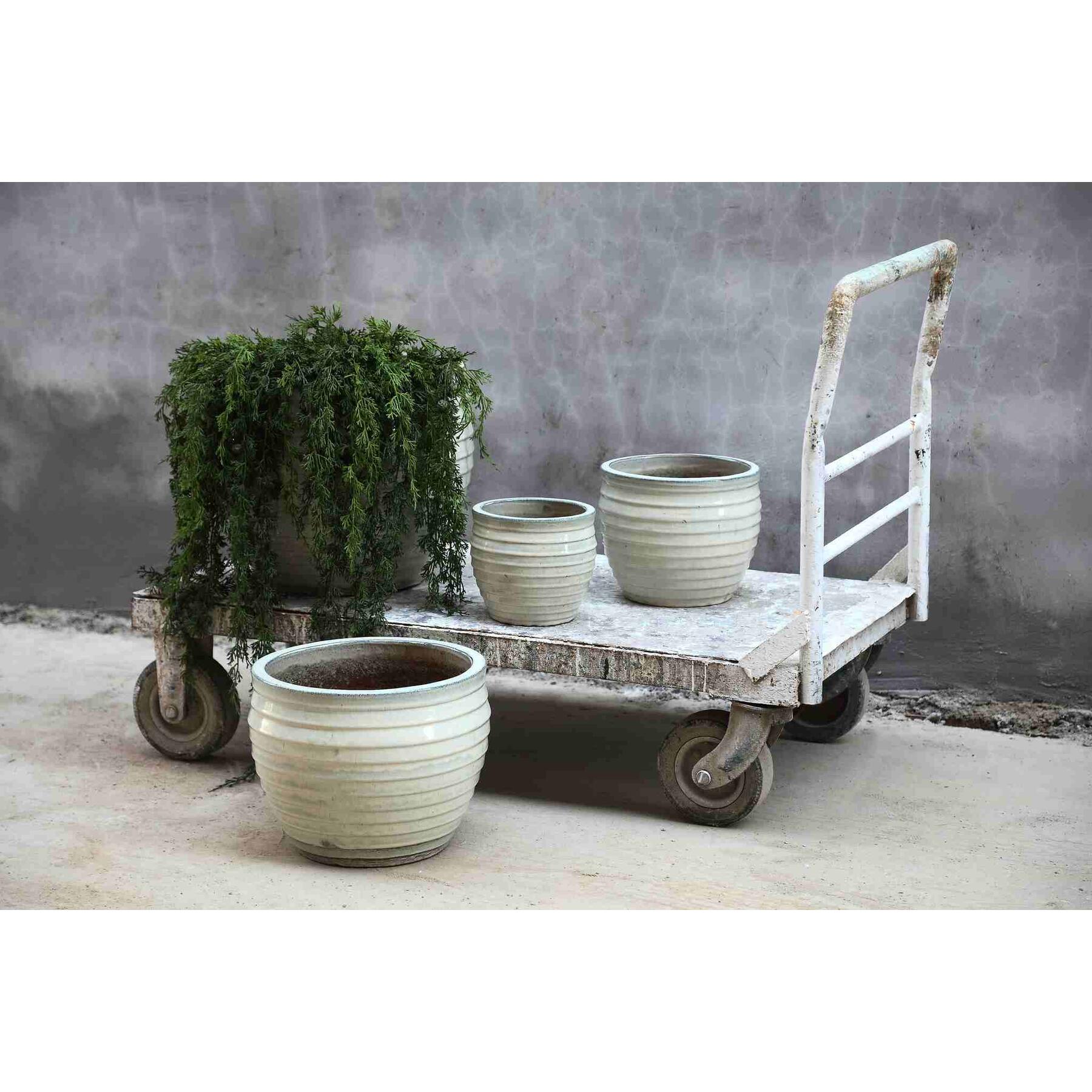 PTMD Triston Cream Ceramic Glazed Pot Ribbed Low SV4
