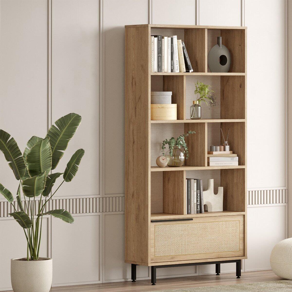 Calicosy - Boekenkast met 1 deur - Eikenlook en rotanprint - H175,6 cm