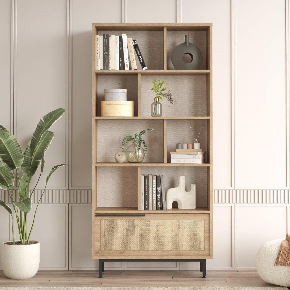 Calicosy - Boekenkast met 1 deur - Eikenlook en rotanprint - H175,6 cm