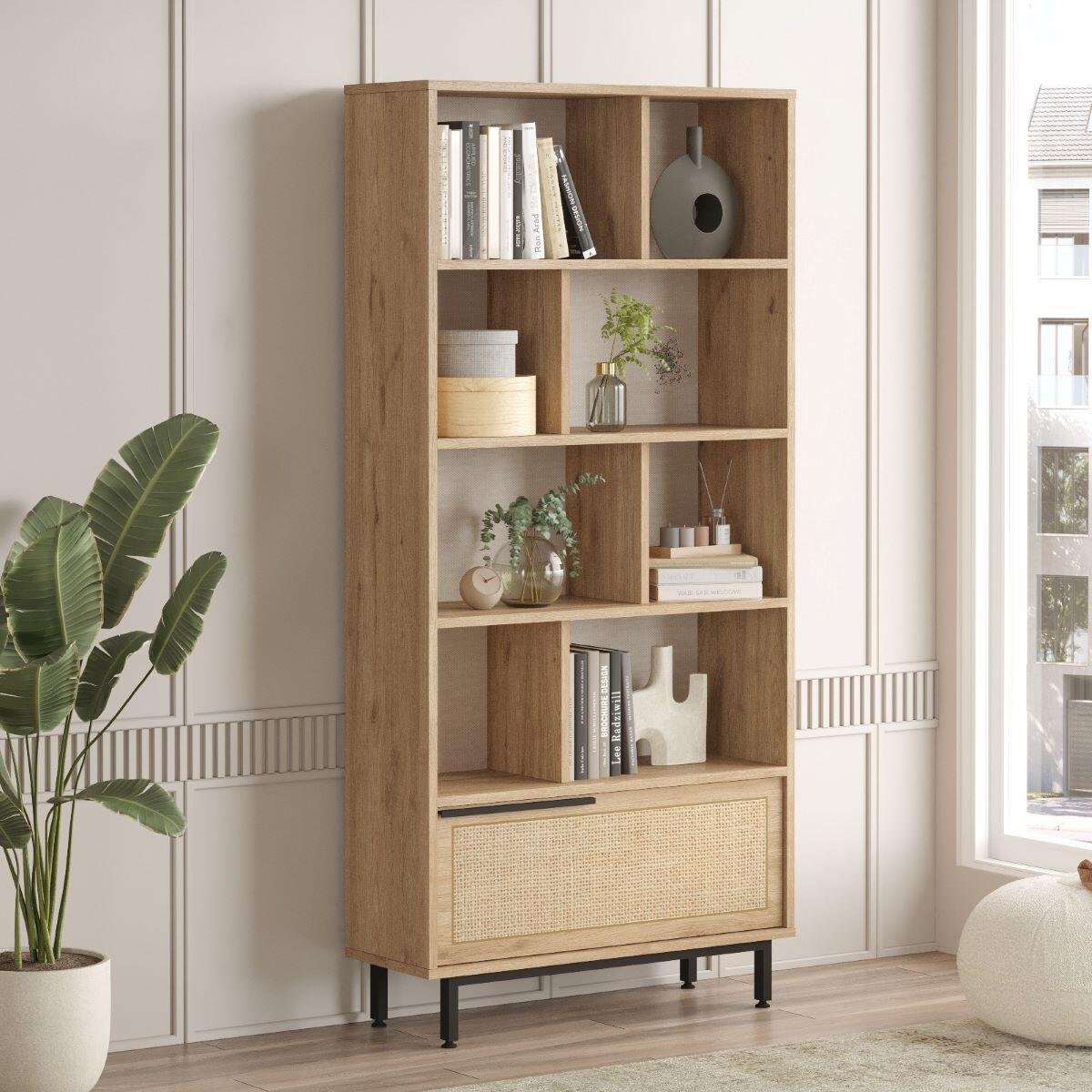 Calicosy - Boekenkast met 1 deur - Eikenlook en rotanprint - H175,6 cm