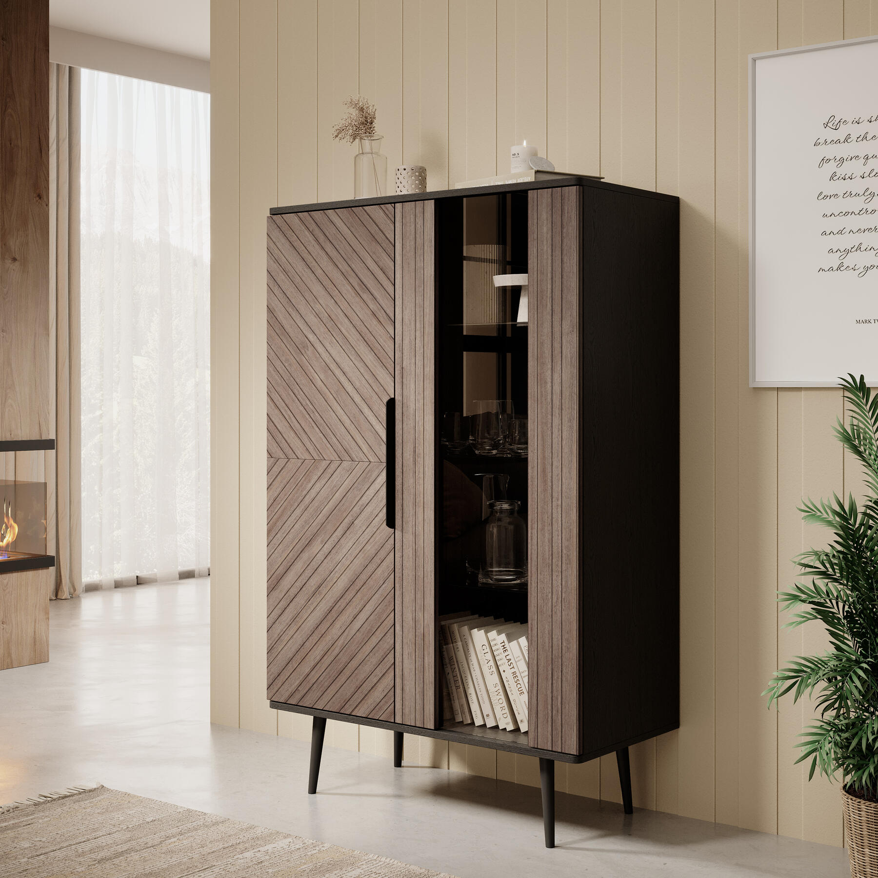 Meubella Vitrinekast Pedro - Donker eiken - Zwart eiken - 90 cm