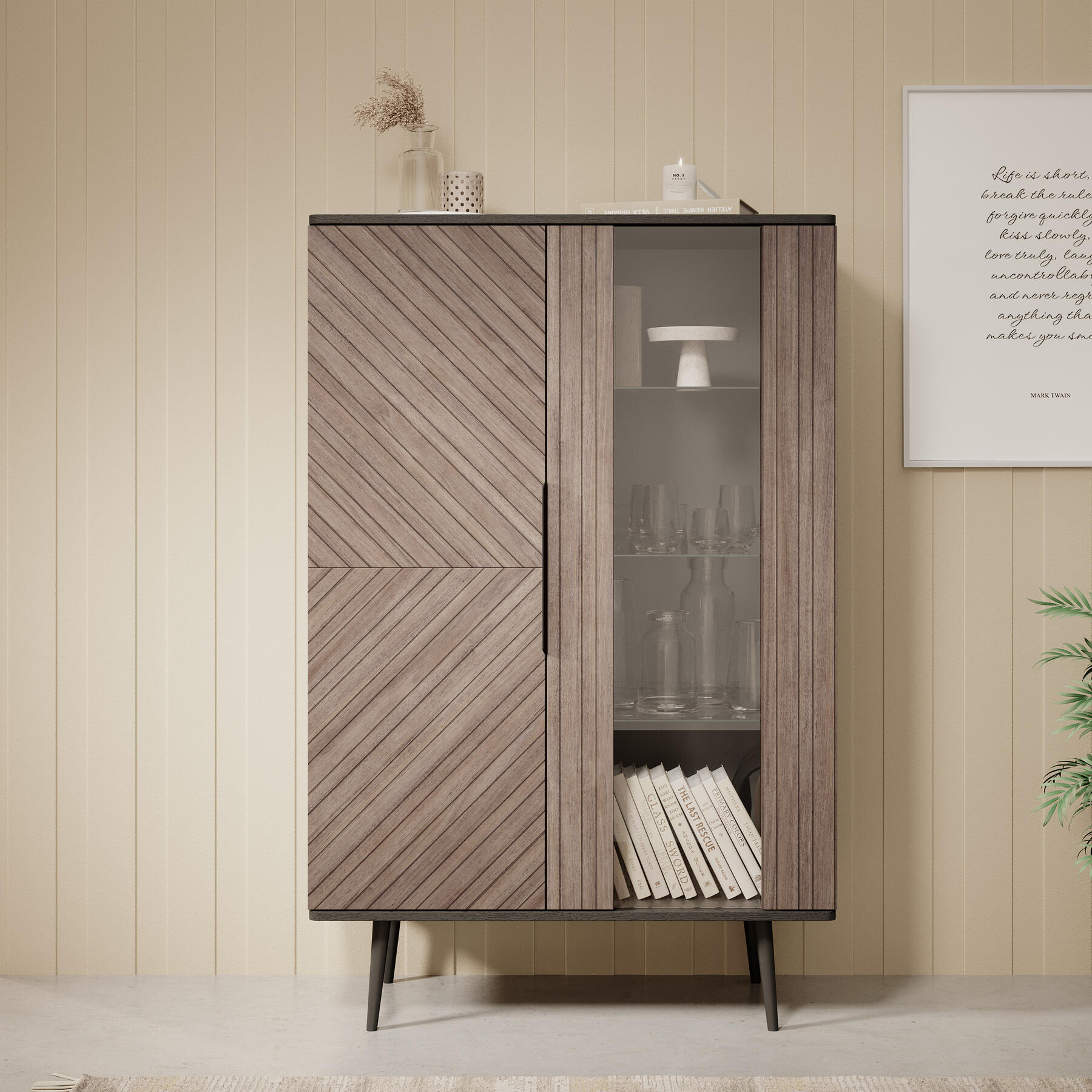 Meubella Vitrinekast Pedro - Donker eiken - Zwart eiken - 90 cm