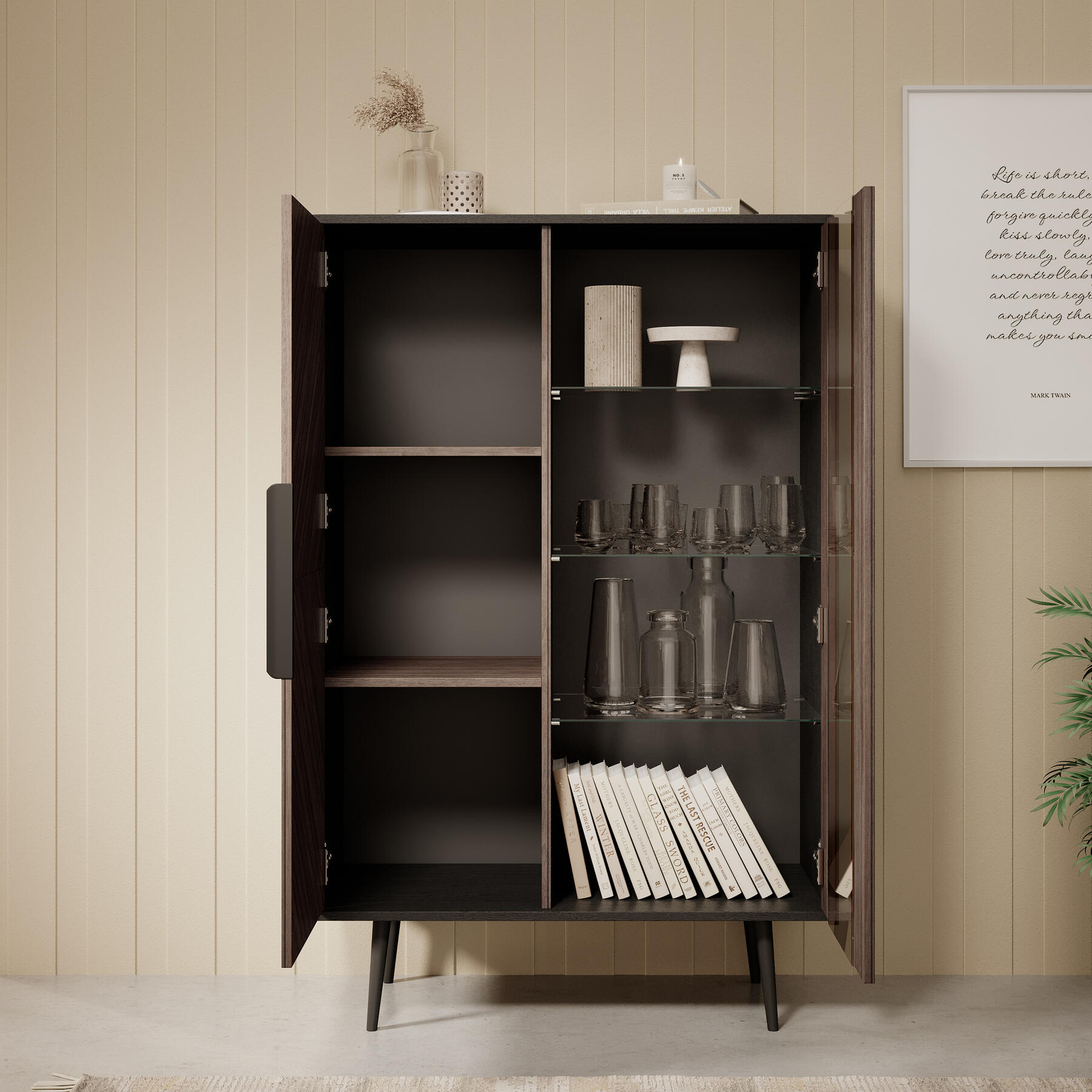 Meubella Vitrinekast Pedro - Donker eiken - Zwart eiken - 90 cm