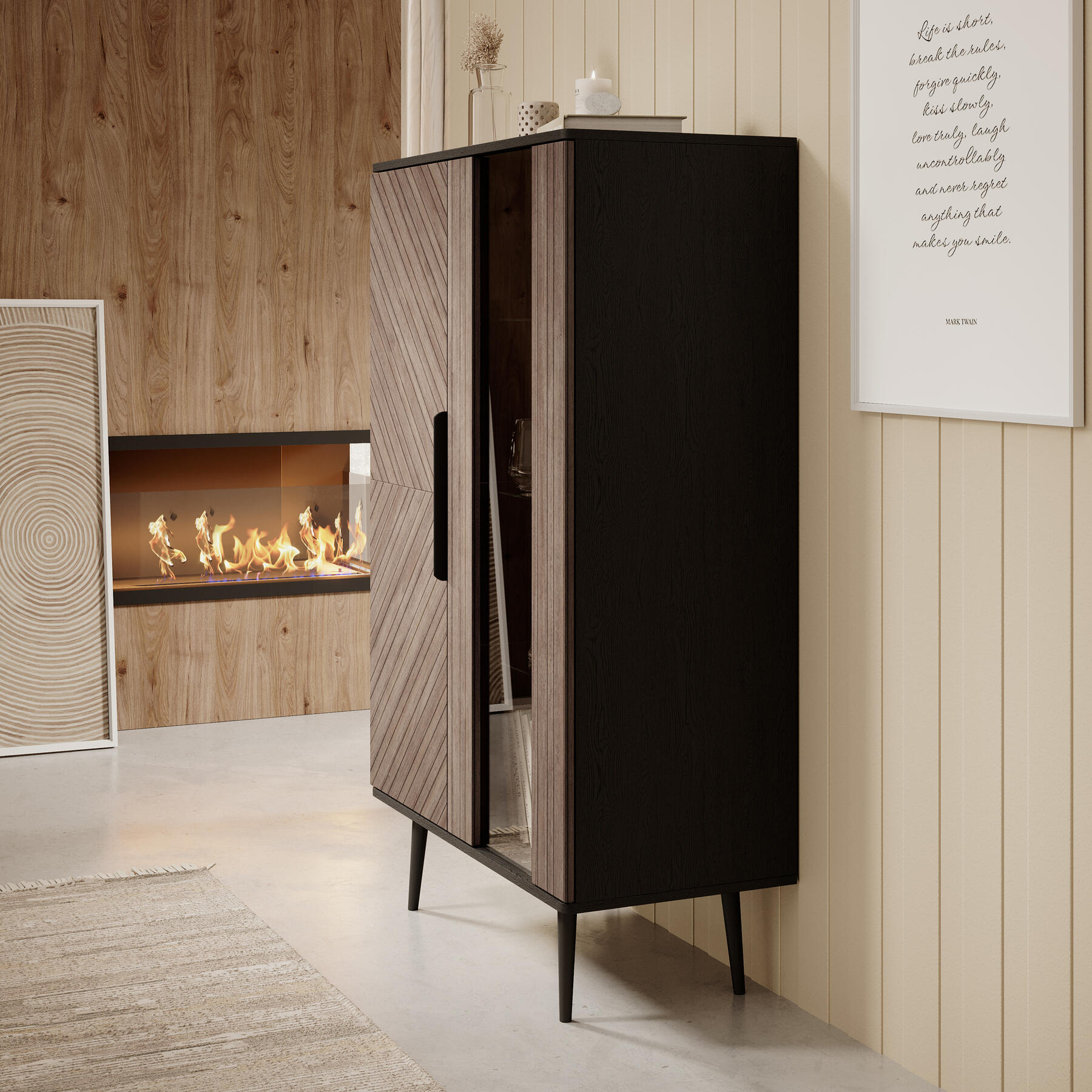 Meubella Vitrinekast Pedro - Donker eiken - Zwart eiken - 90 cm