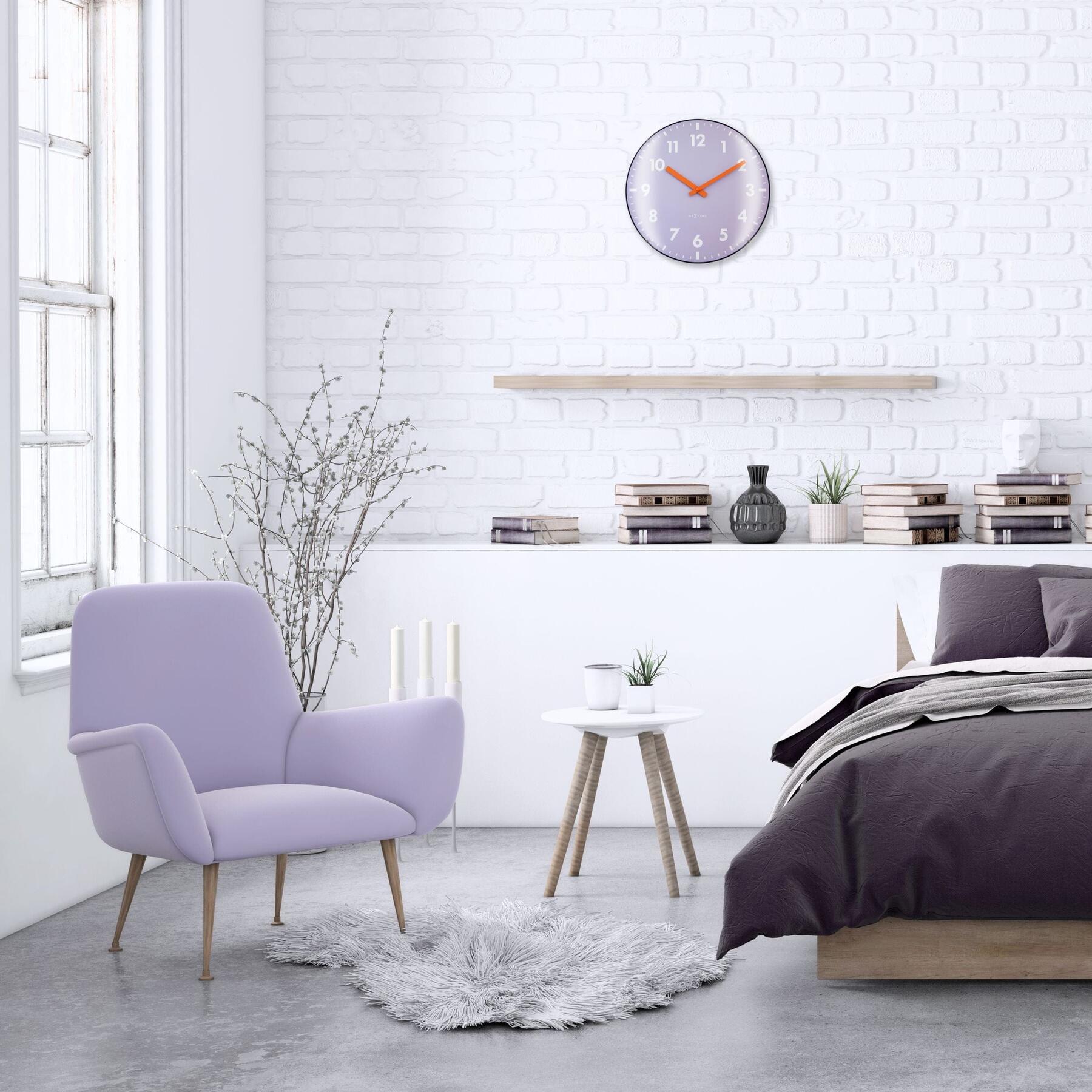 NeXtime - Wandklok 35cm Koepelglazen Lens - Stil - Lavendel - Glas -