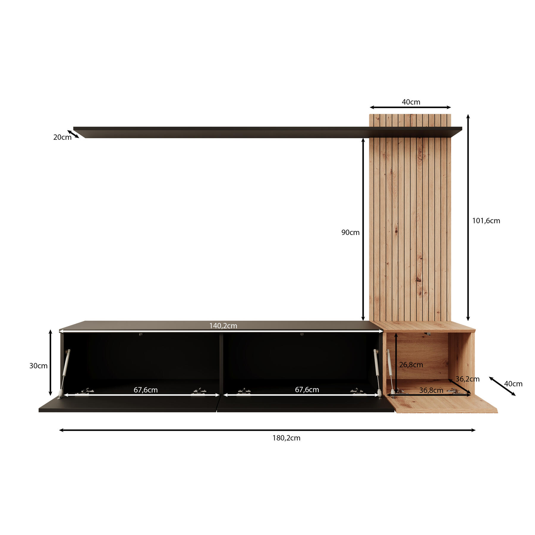 Meubella Wandmeubel Segundo - Zwart - 180 cm
