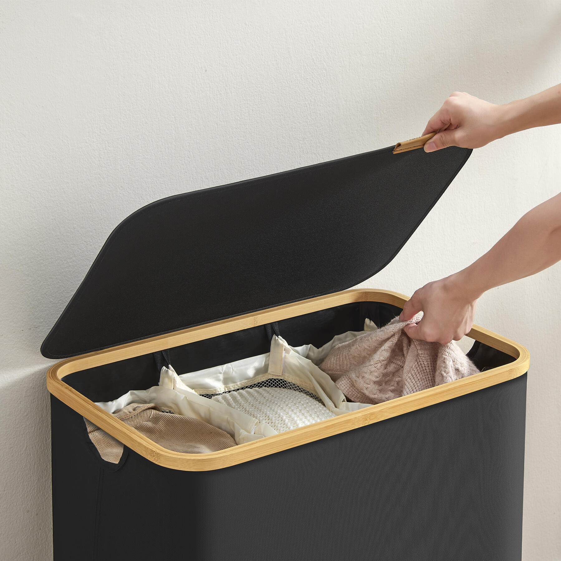 ACAZA wasmand - wassorteerder - 3 vakken - Bamboe - Zwart