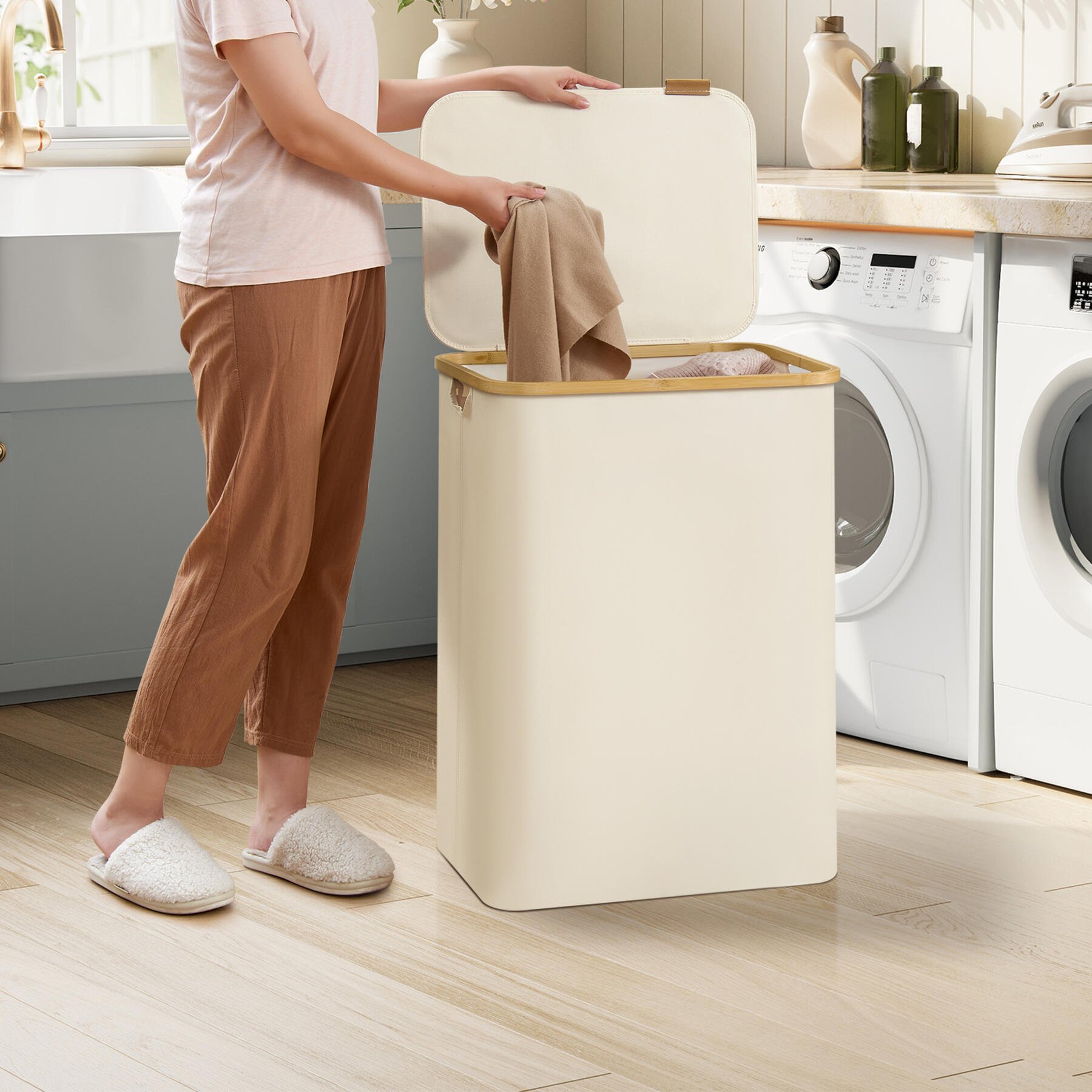ACAZA Wasmand - Wassorteerder - 2 vakken - Bamboe - Beige