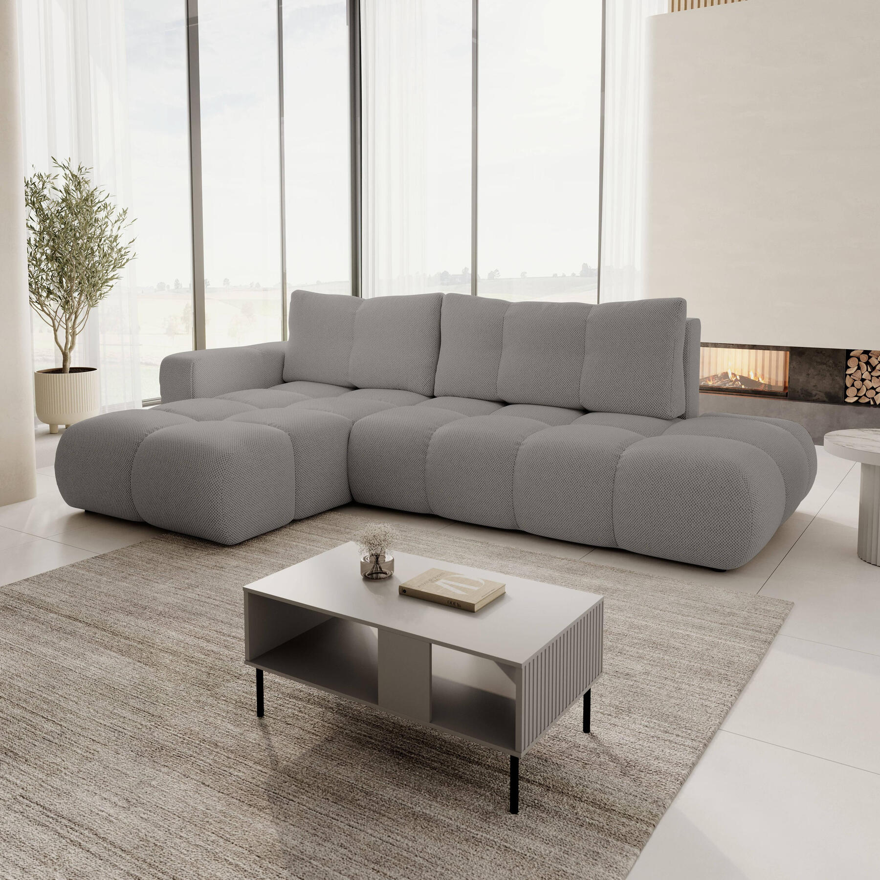 by fonQ Charme Hoekbank Links met Slaapfunctie - Chenille - Grijs