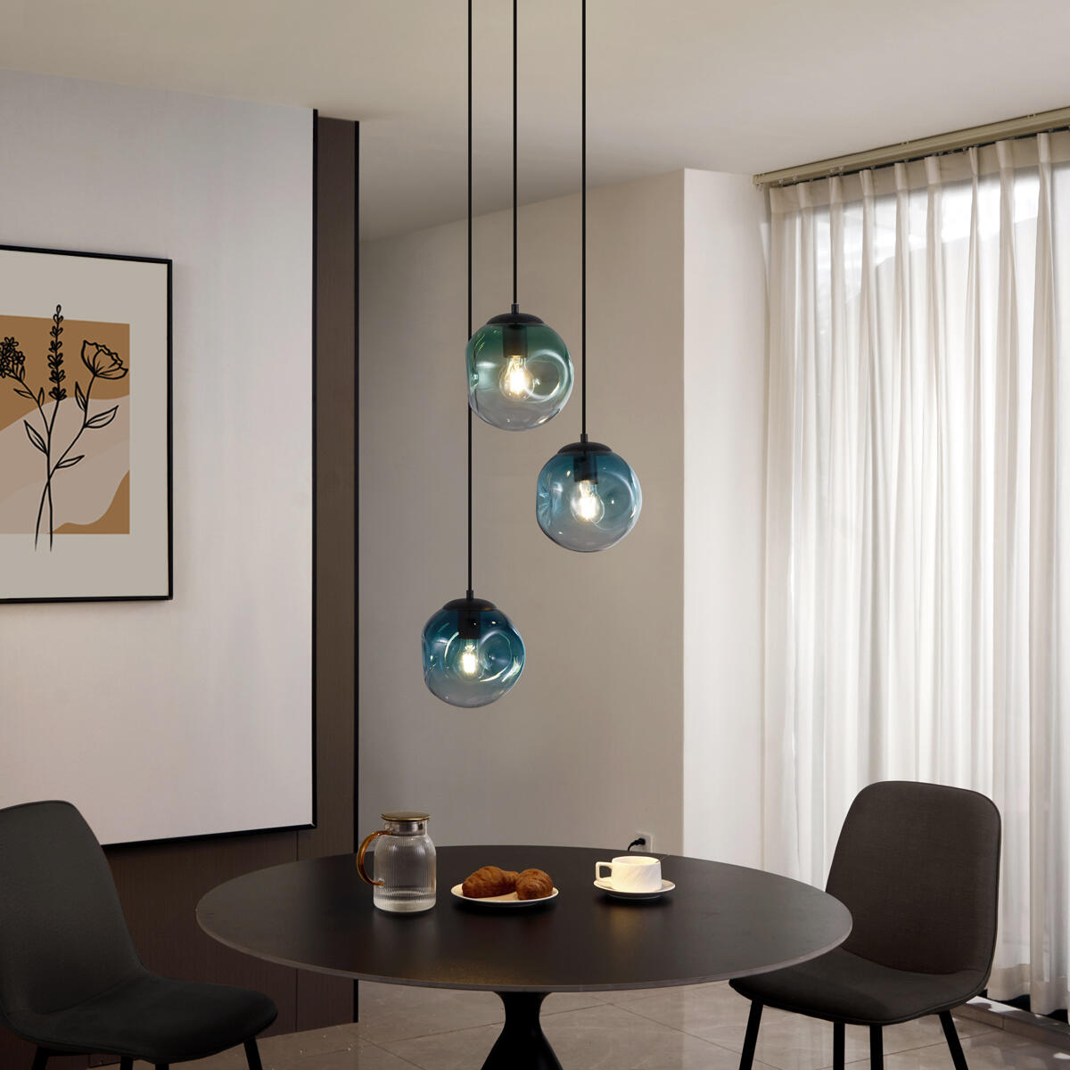 QAZQA Art deco hanglamp zwart met blauw en groen glas 3-lichts -