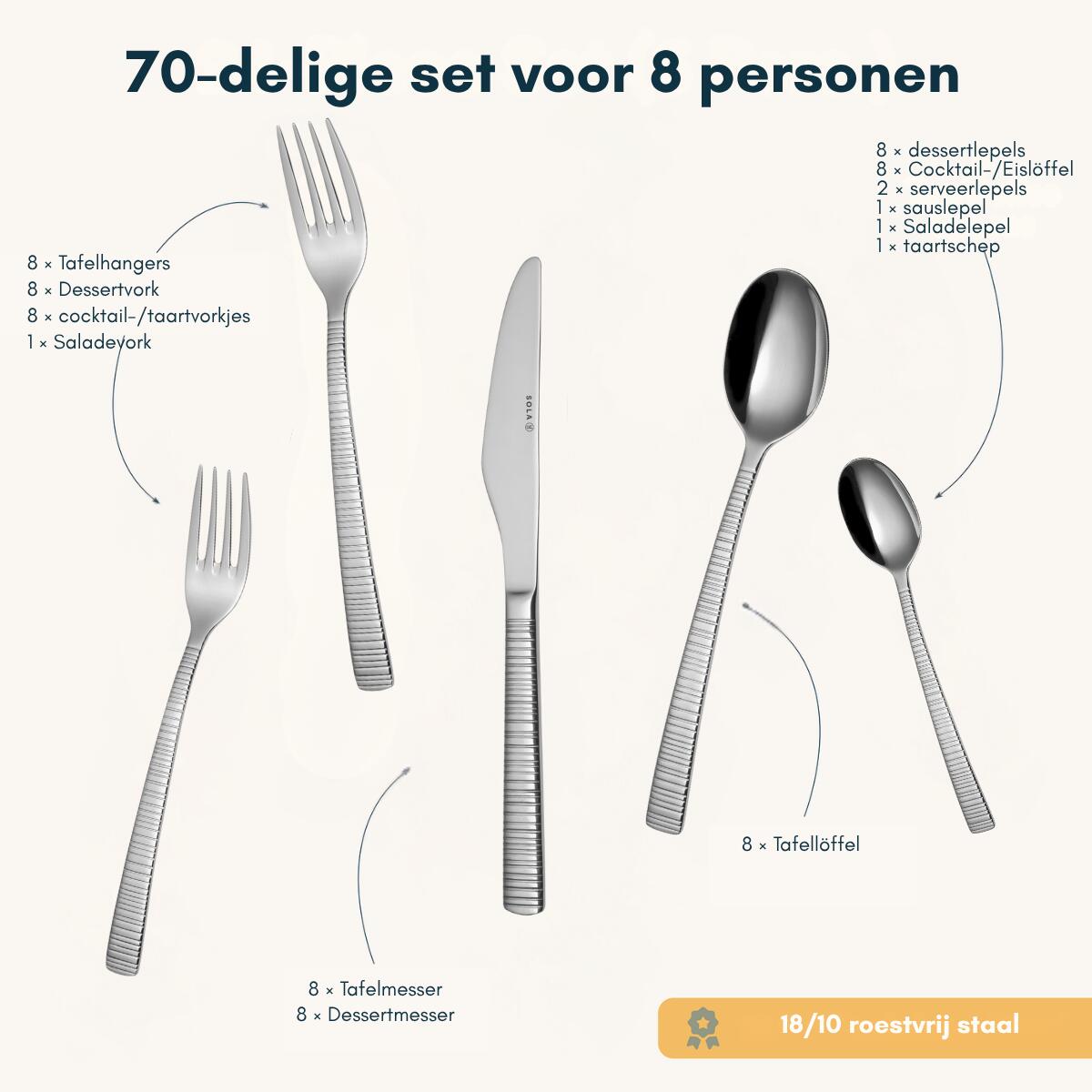 Sola Bestekset Bali - 18|10 RVS - 70 delig | 8 personen