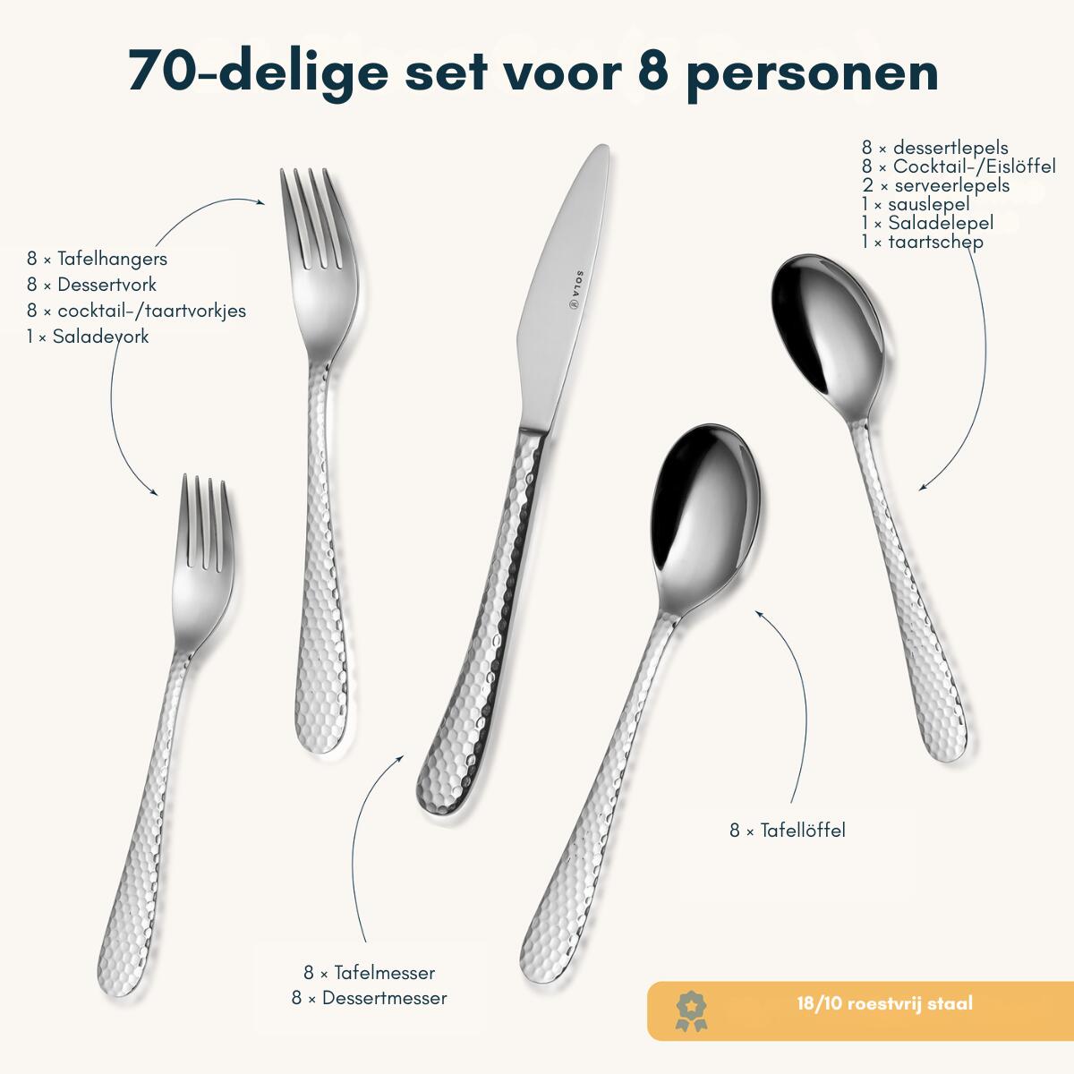 Sola Bestekset Lima - 18|10 RVS - 70 delig | 8 personen