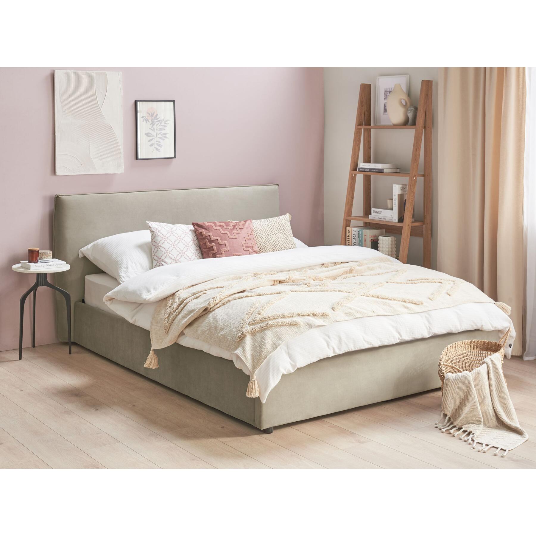 Beliani-LAVAUR-Bed met opbergruimte-Taupe-160 x 200 cm-Fluweel